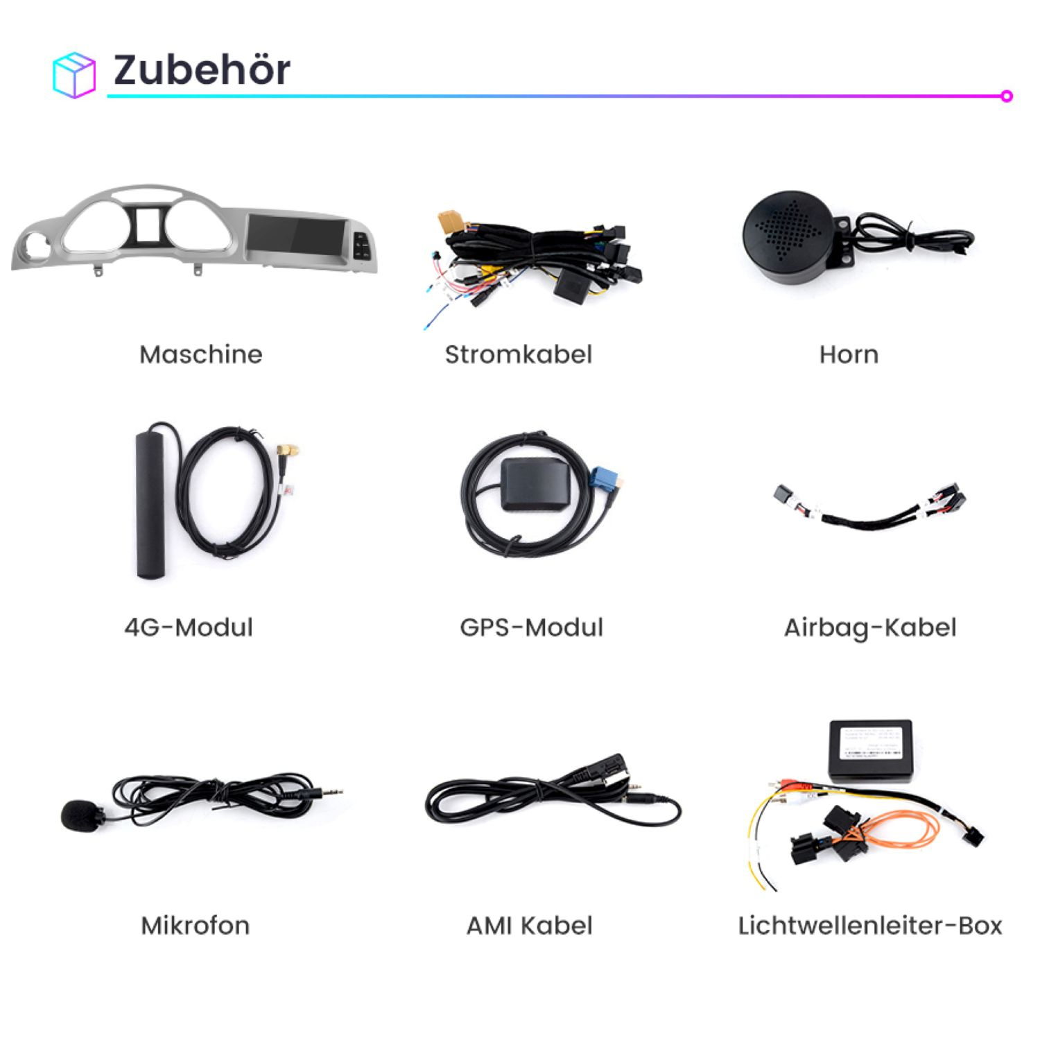 Das Bild zeigt Autozubehör: Armaturenbrett, Verkabelung, Hupe, 4G-Modul, GPS-Modul, Airbagkabel, Mikrofon, AMI-Kabel und Lichtleiterbox.
