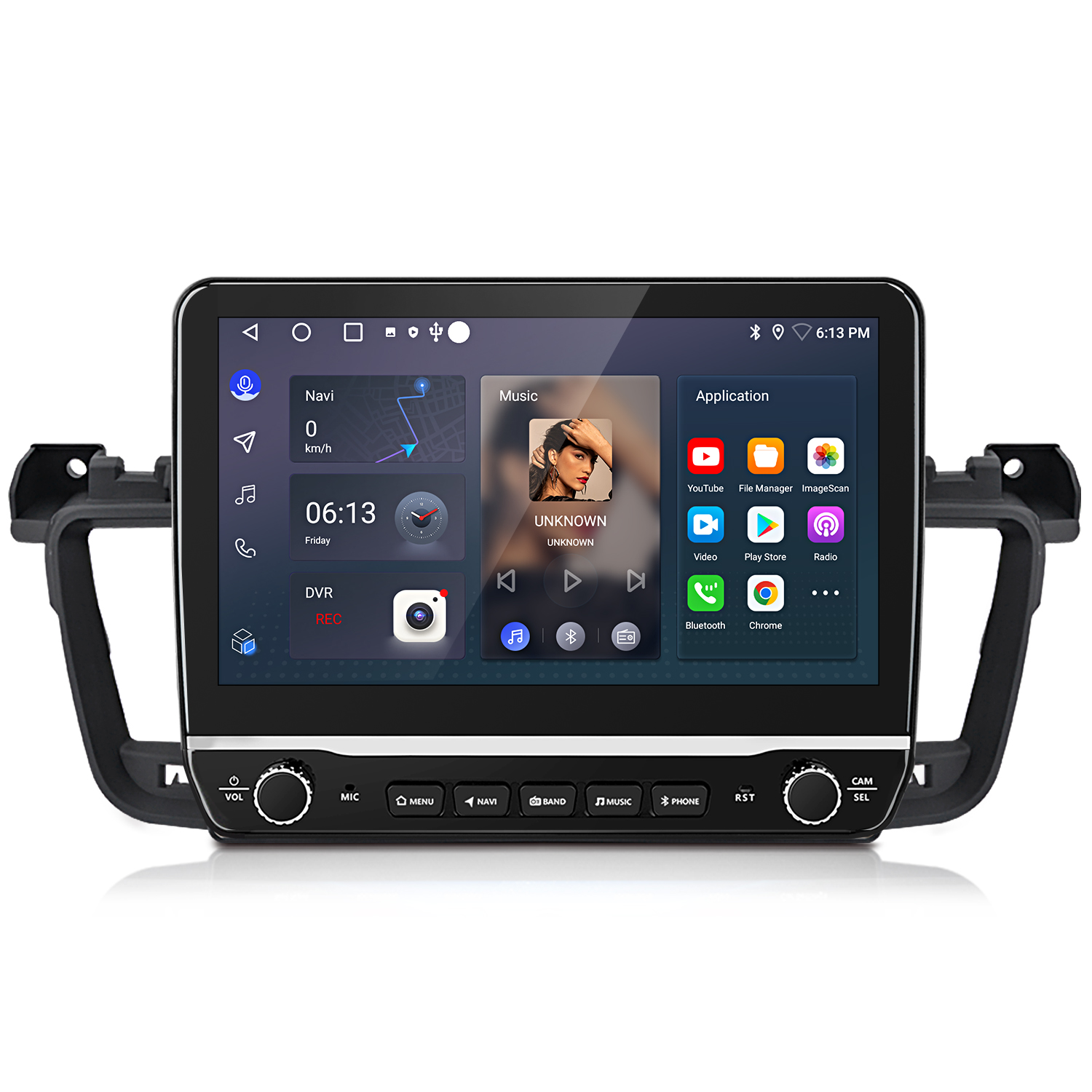 Autoradio mit Touchscreen, der Zeit, Navigation und Musiksteuerung anzeigt, mit Apps wie YouTube und Dateimanager.