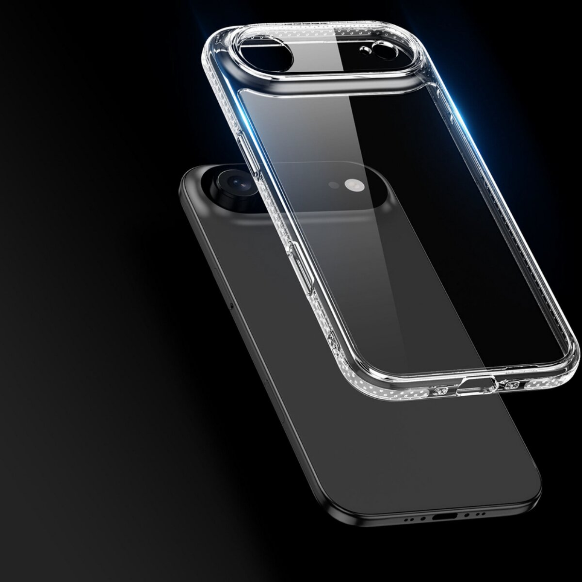 Eine transparente Handyhülle schwebt über einem schwarzen Telefon. Die Hülle hat einen glänzenden Rand. Der Hintergrund ist schwarz.