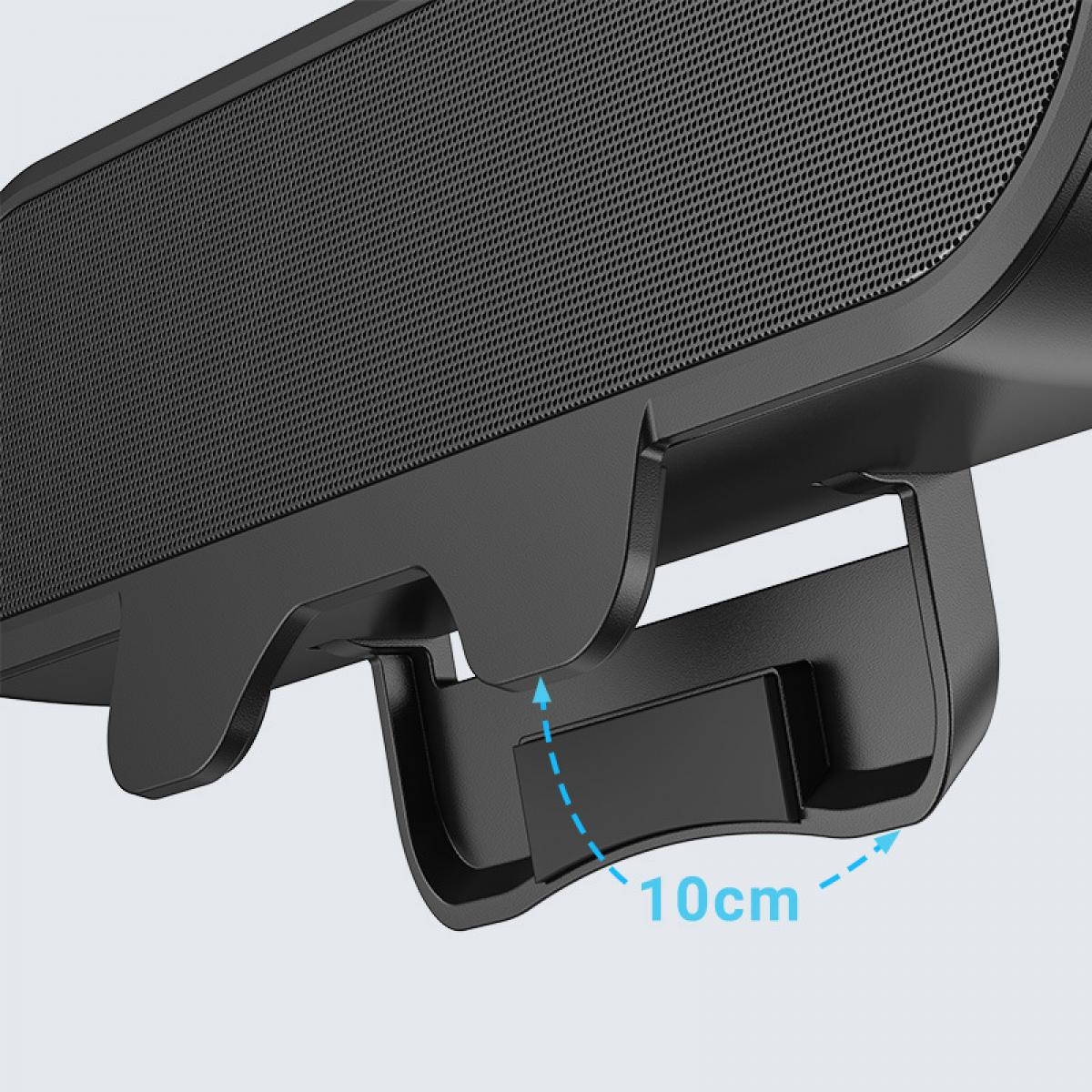 Nahaufnahme eines schwarzen Lautsprechers mit perforierter Front. Darunter eine Stützstruktur mit einer 10 cm Messung.