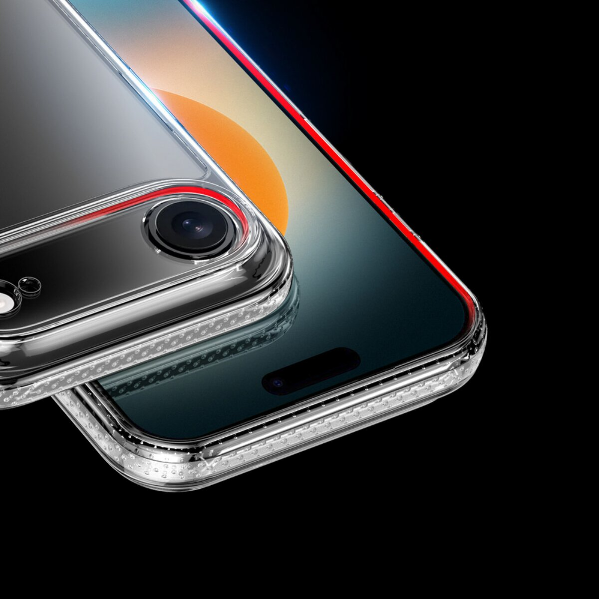 Nahaufnahme eines Telefons mit einer transparenten Hülle. Das Telefon hat einen schwarzen Bildschirm und einen roten Akzent. Der Hintergrund ist schwarz.