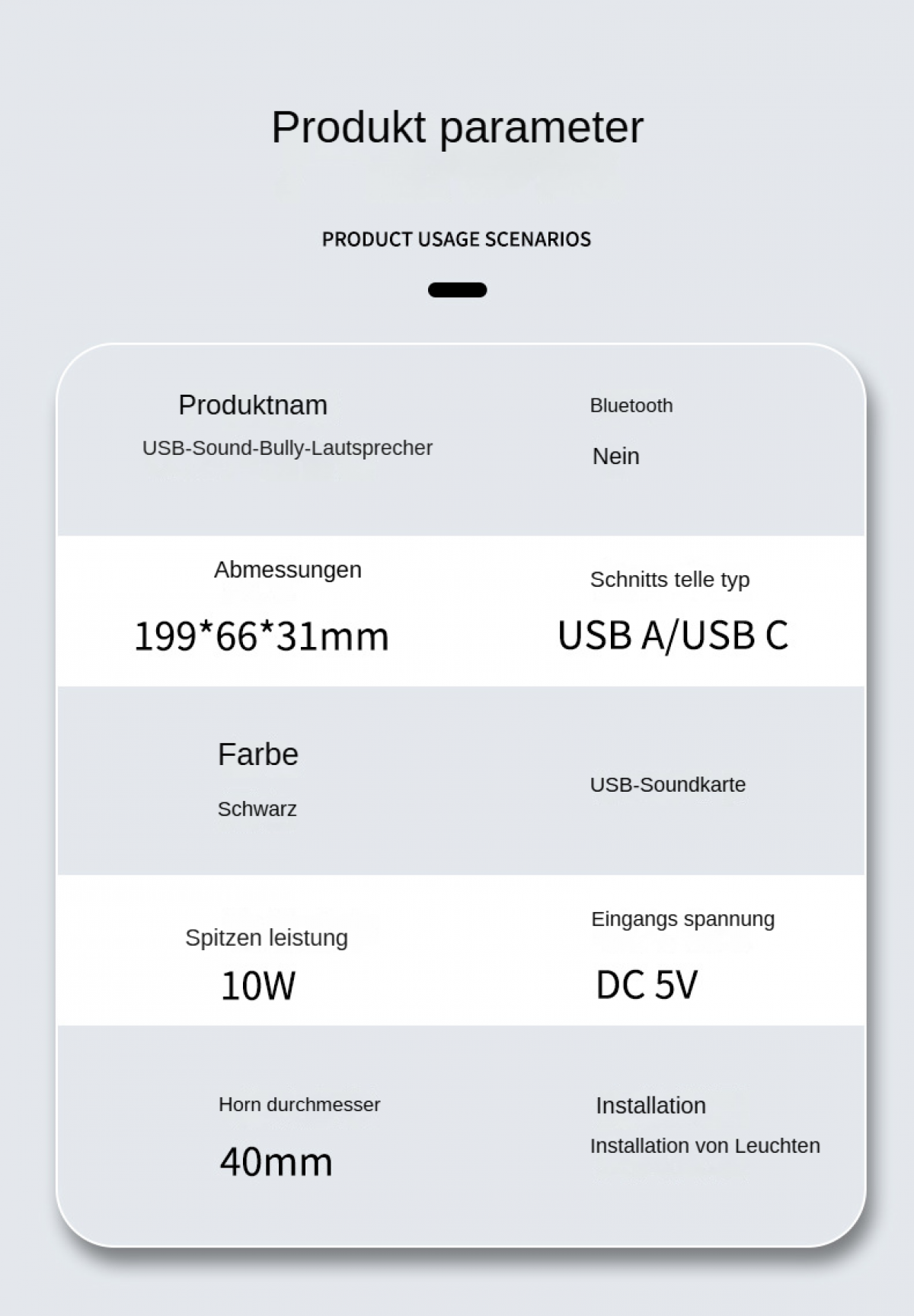 Produktparameter auf Deutsch. Enthält Produktname, Abmessungen, Farbe, Spitzenleistung, Horndurchmesser, Spannung und USB-Typ.