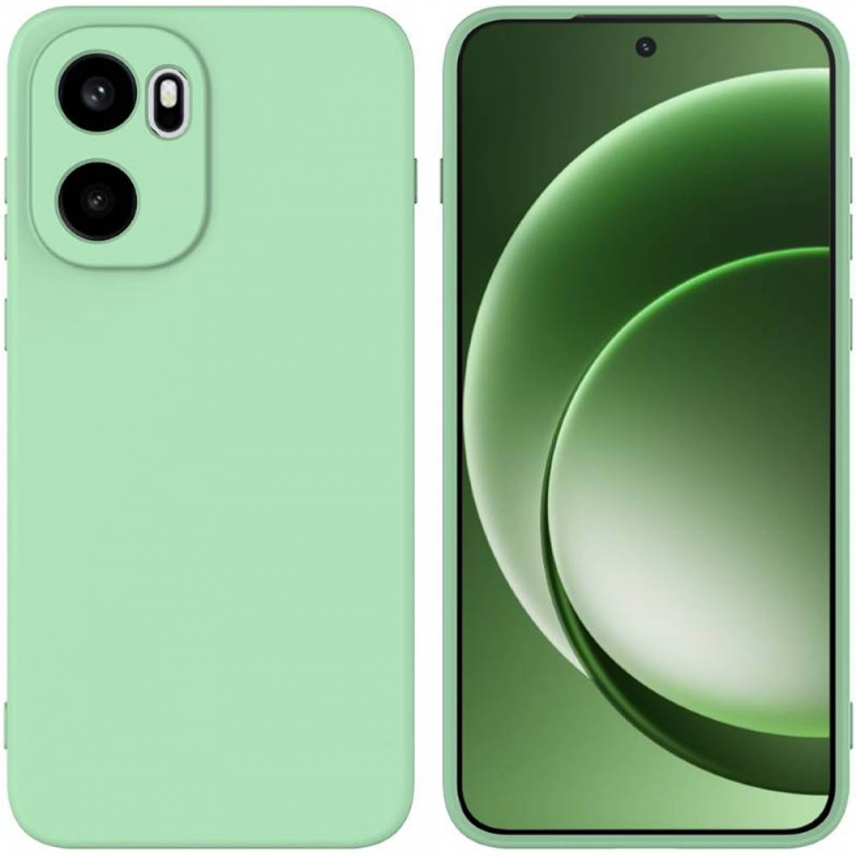 Zwei Telefone, eines mit Kameramodul auf der Rückseite, das andere zeigt ein grünes, abstraktes Design auf dem Bildschirm. Beide haben grüne Hüllen.