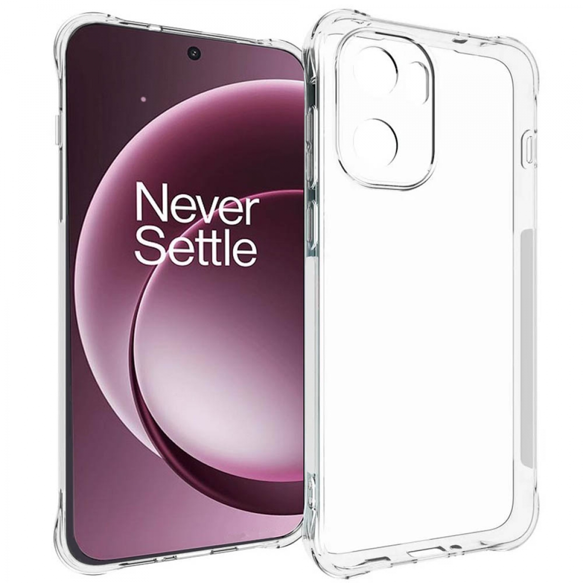 Ein Smartphone in einer transparenten Hülle. Das Telefon zeigt ein lila-weißes Design mit den Worten 'Never Settle'.