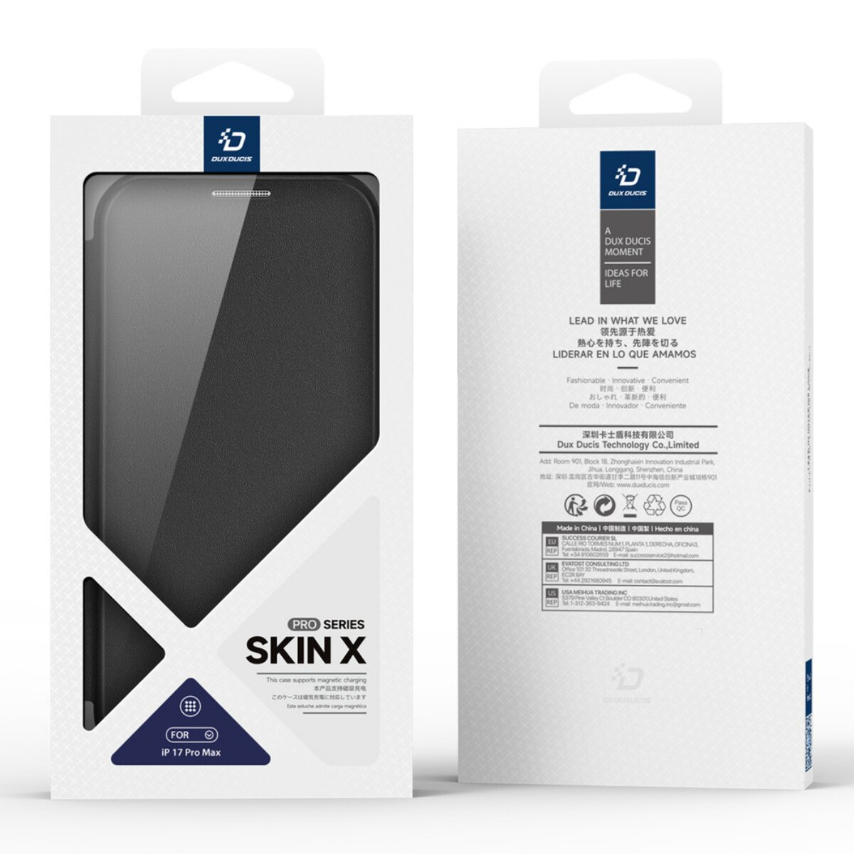 Eine Handyhüllenbox. Auf der Vorderseite steht der Produktname, auf der Rückseite der Markenname und Details.
