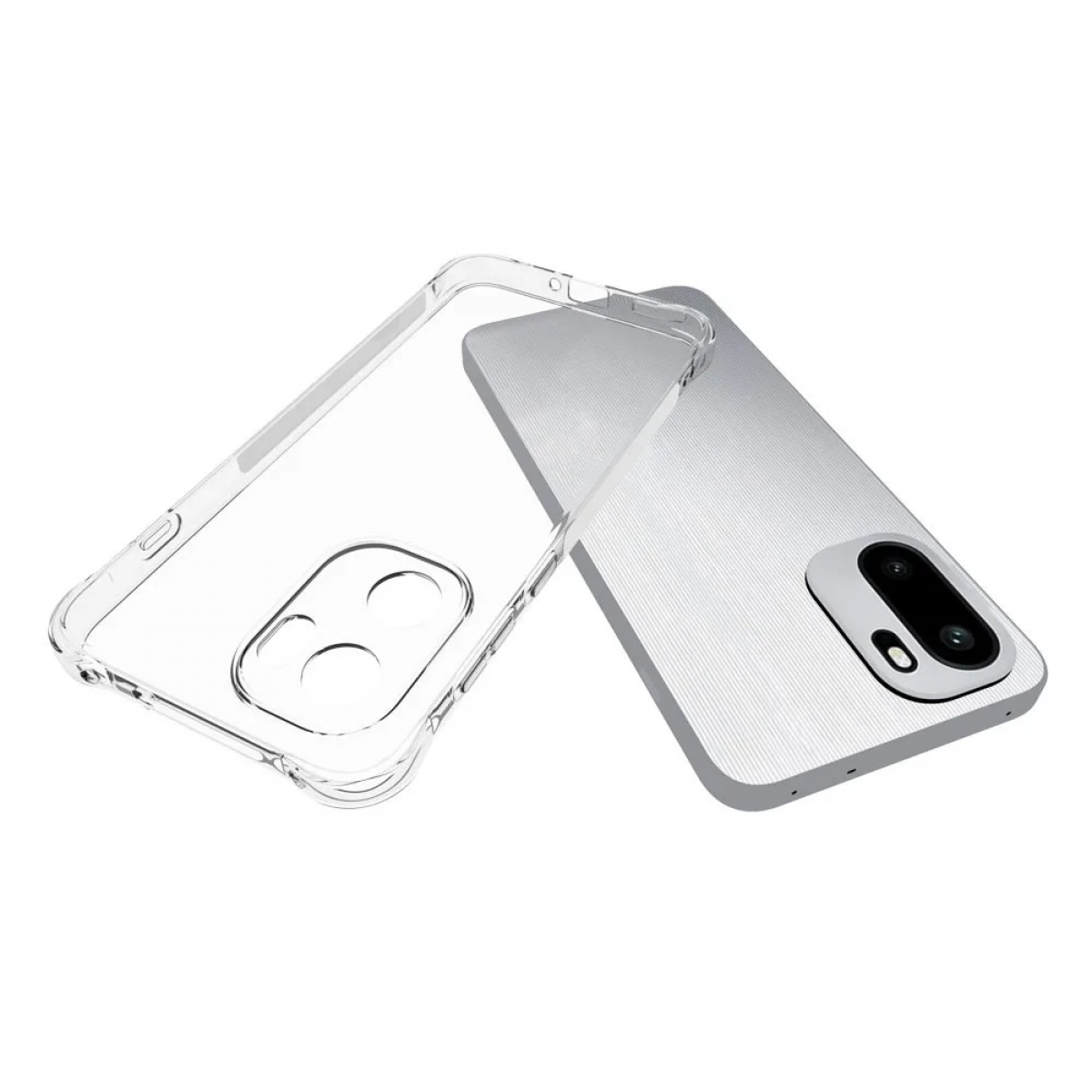 Eine transparente Handyhülle neben einem silbernen Telefon. Die Hülle ist transparent und zeigt Kamera und Knöpfe.