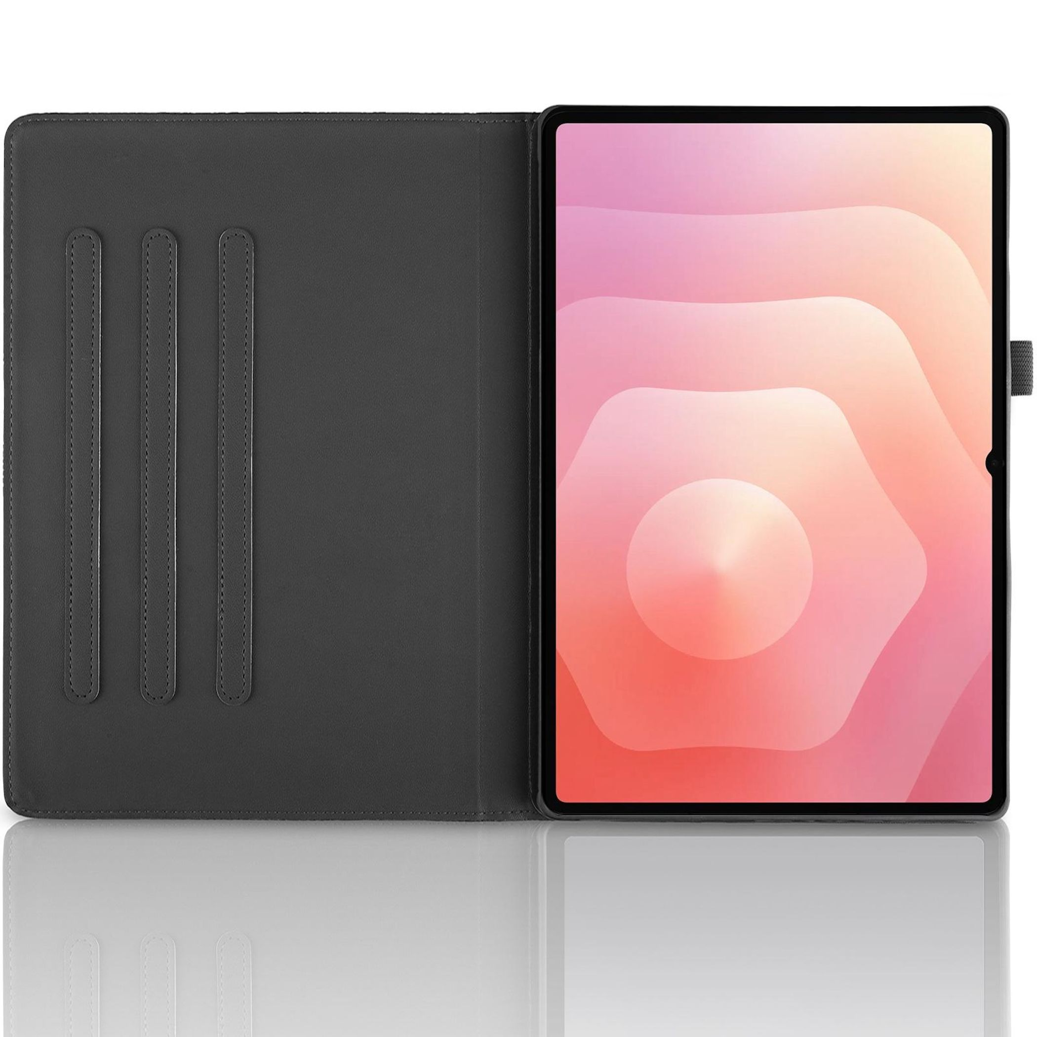 Tableta en estuche gris, abierta. La pantalla muestra un diseño abstracto rosa y naranja. La funda tiene ranuras para tarjetas.