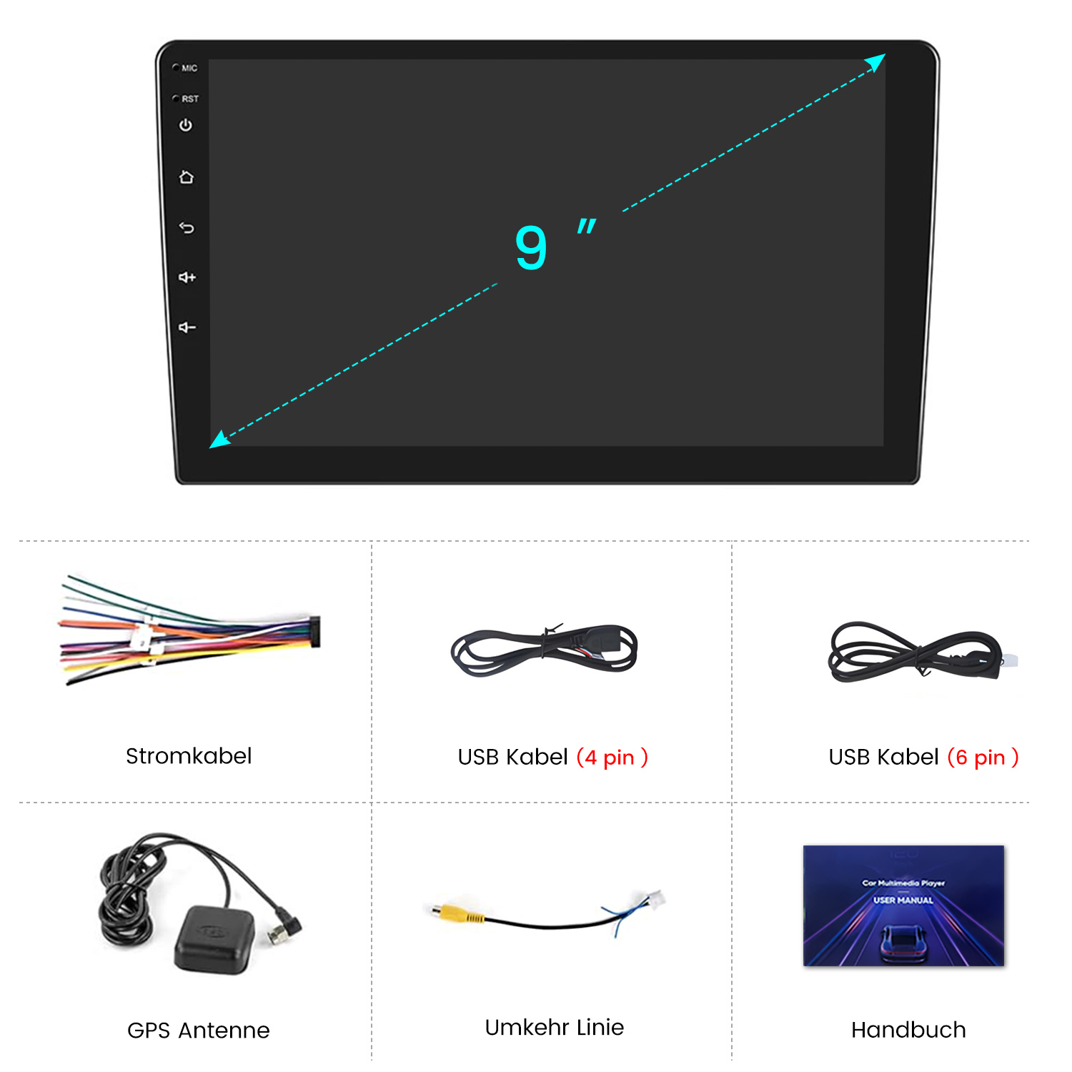 Multimedia-Player für Autos mit 9-Zoll-Bildschirm und Zubehör: Kabel, GPS-Antenne und Benutzerhandbuch, alles auf weißem Grund.