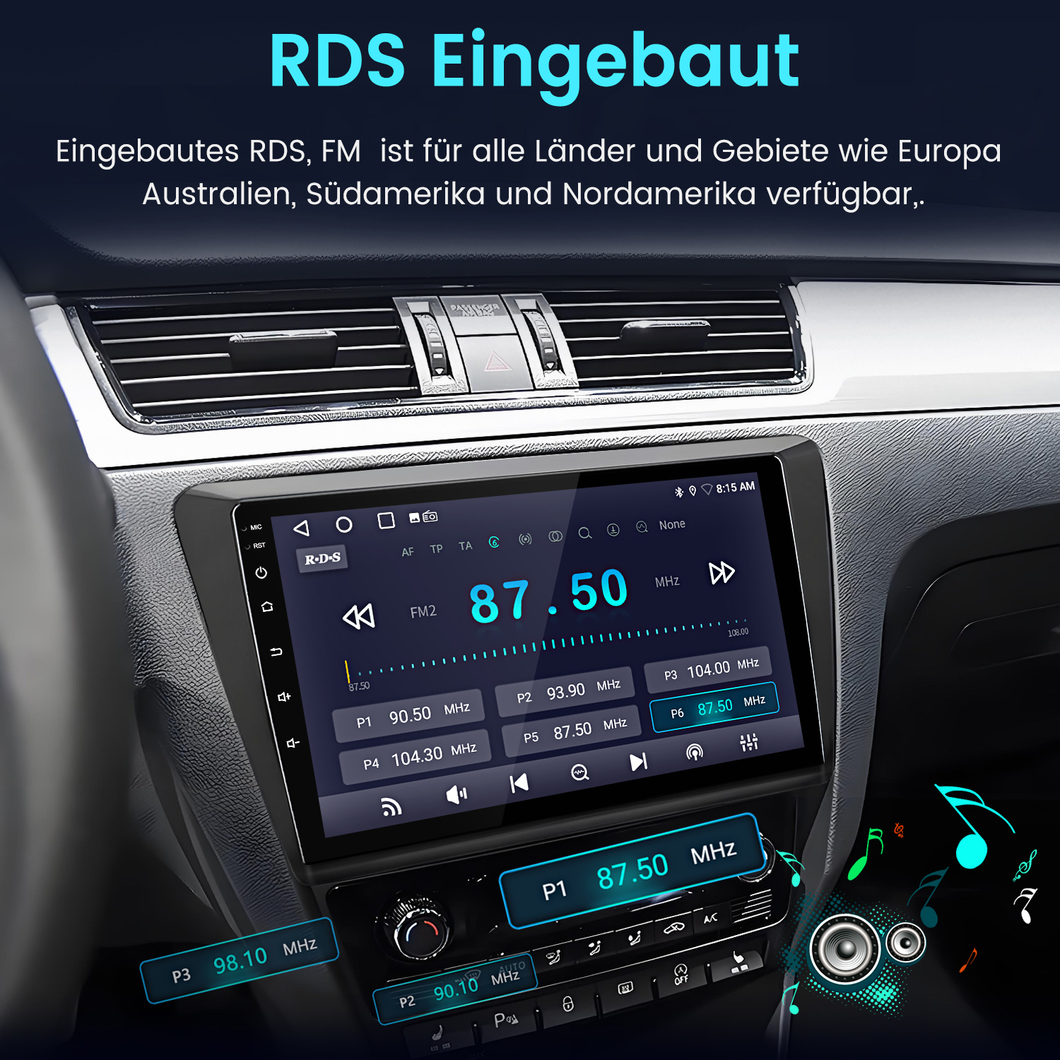 Autoradio-Bildschirm mit 87,50 MHz. Tasten für Voreinstellungen und Einstellungen sind sichtbar. Der Innenraum des Autos ist ebenfalls vorhanden.