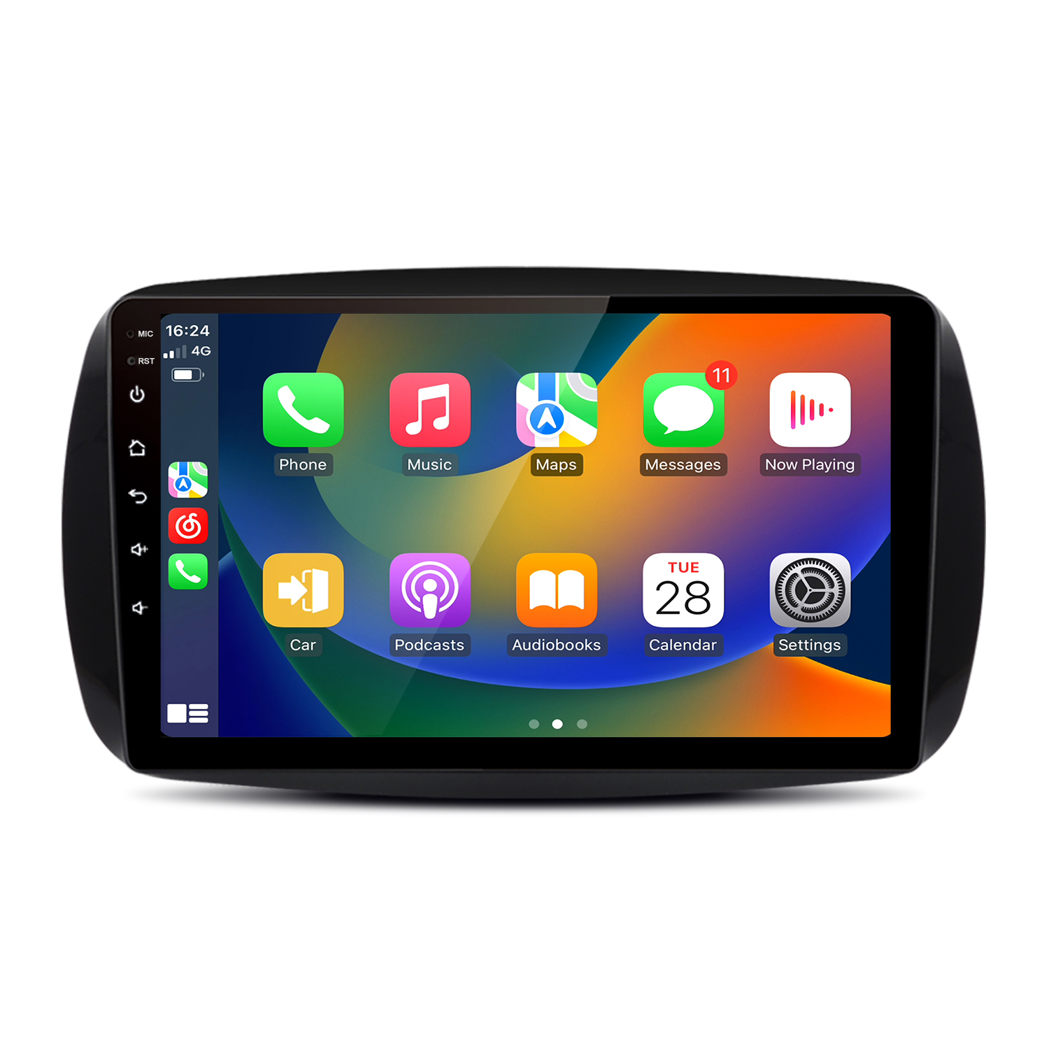 Auto-Multimedia-System. Das Display zeigt App-Symbole wie Telefon, Musik, Karten, Nachrichten, Podcasts und Einstellungen. Die Uhrzeit ist 16:24.