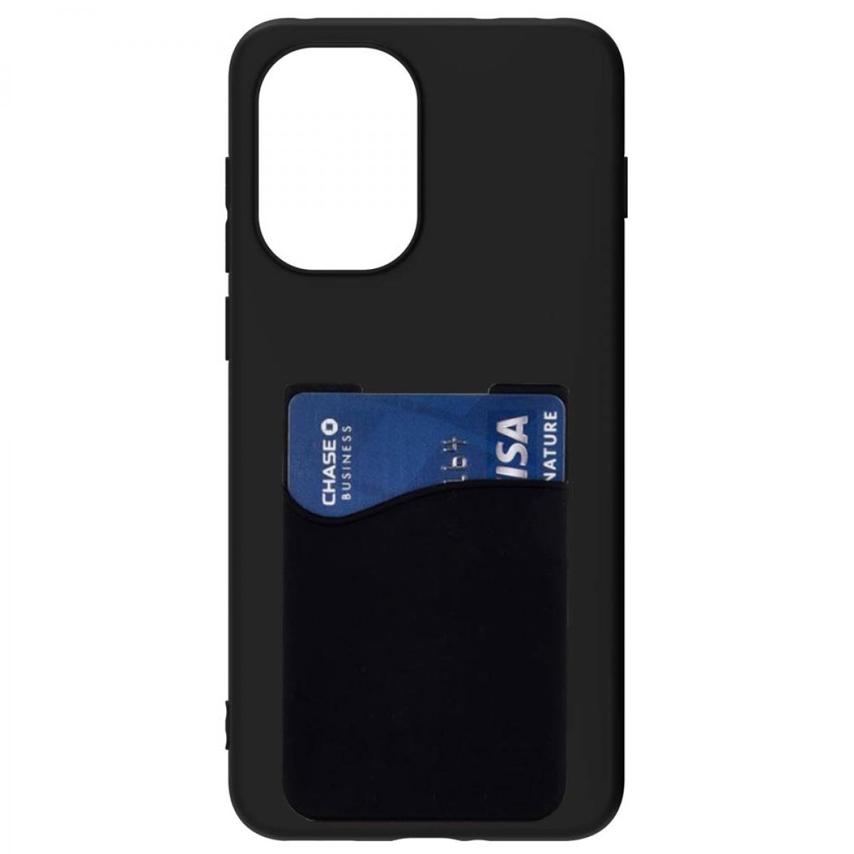 Schwarze Handyhülle mit Chase Visa-Karte in einer Tasche. Die Hülle hat einen Kameraausschnitt und Seitentasten.