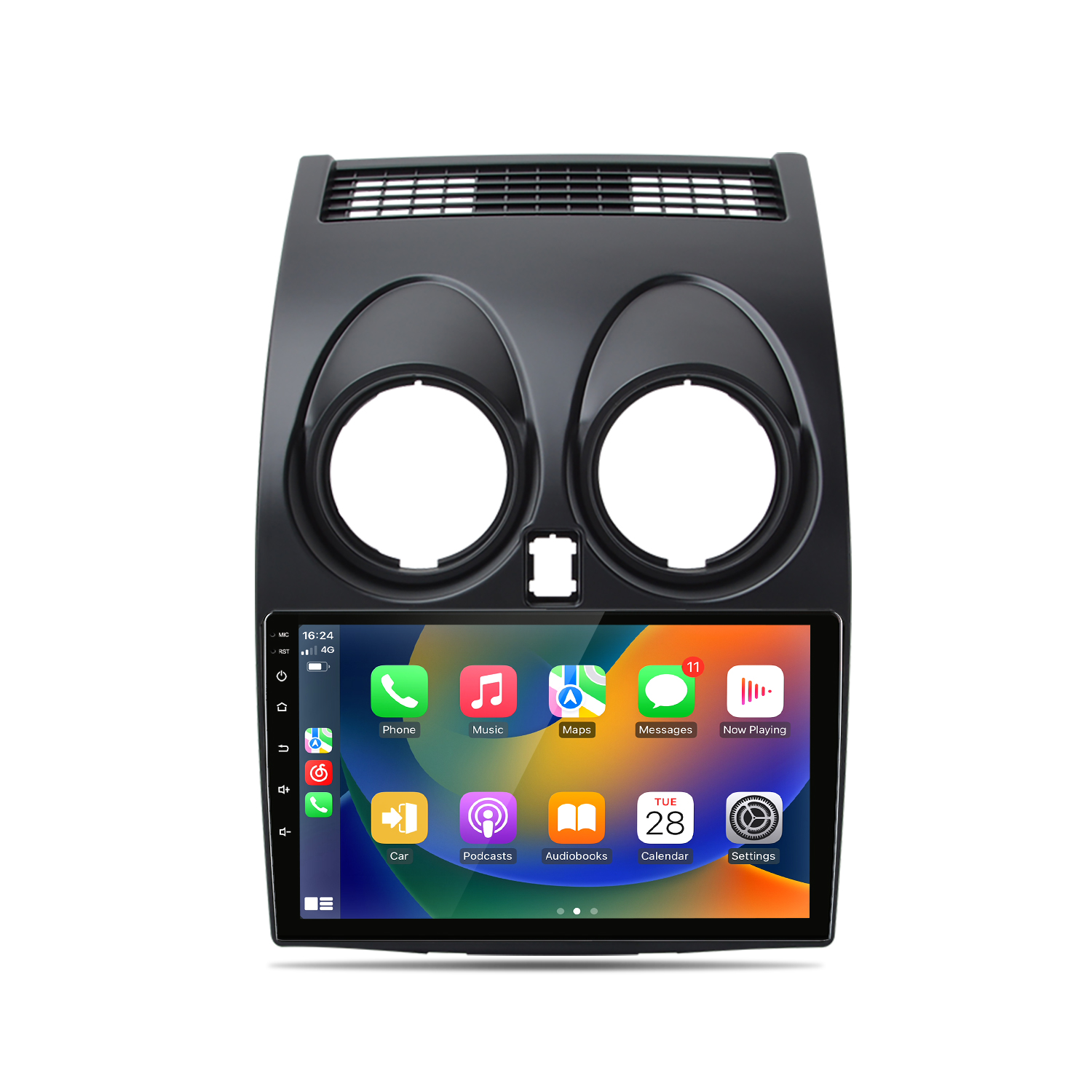 Autoradio mit Touchscreen, das eine Oberfläche mit Symbolen für Telefon, Musik, Karten, Nachrichten und anderen Apps auf weißem Hintergrund anzeigt.