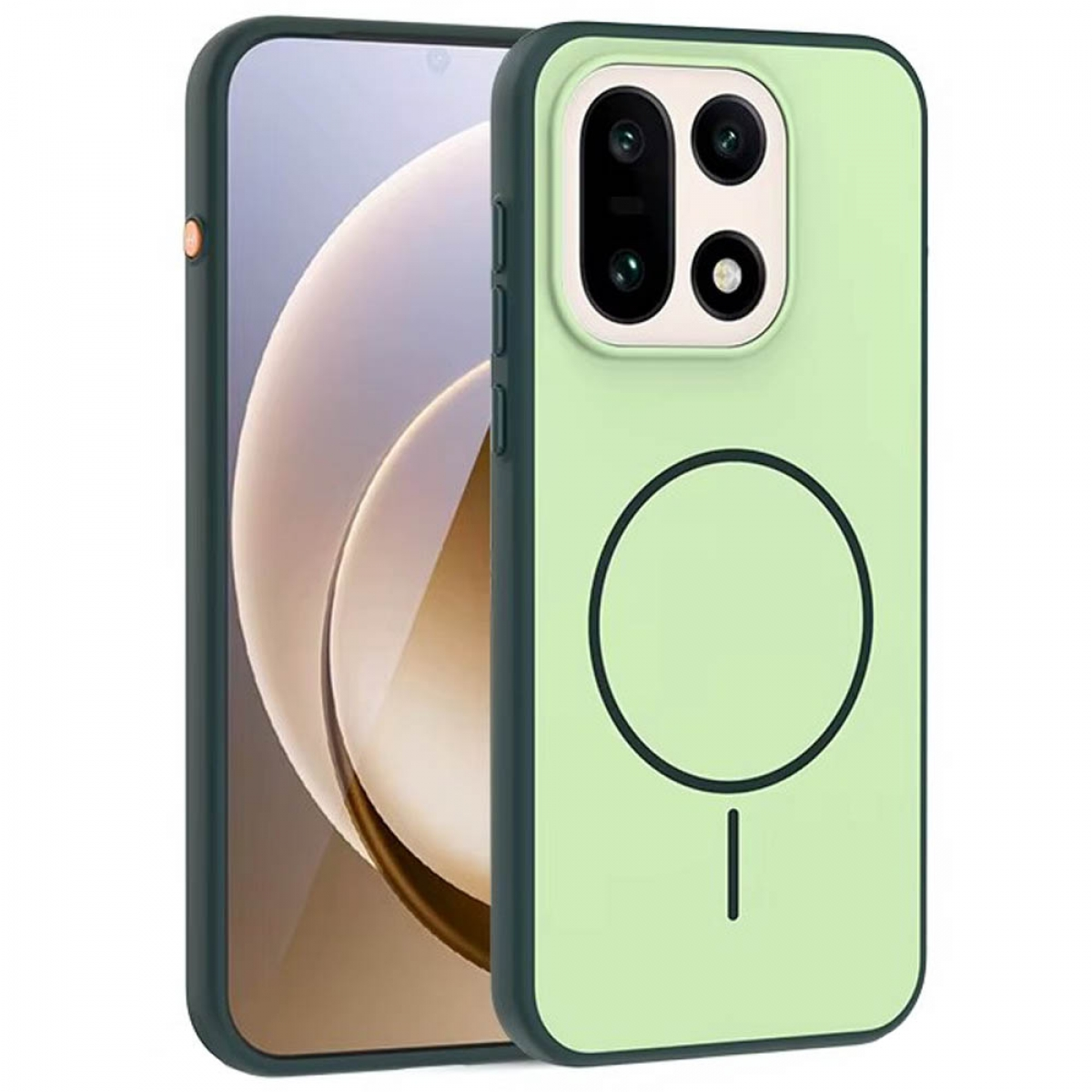 Ein Telefon in einer grünen Hülle. Die Hülle hat einen Kreis mit einer Linie und ein Kameramodul.