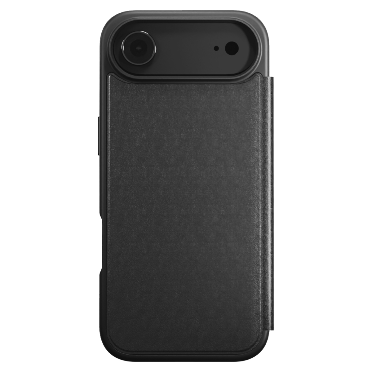 Una custodia nera per telefono con un ritaglio per la fotocamera, una piccola lente e una copertura. La custodia è su sfondo bianco.