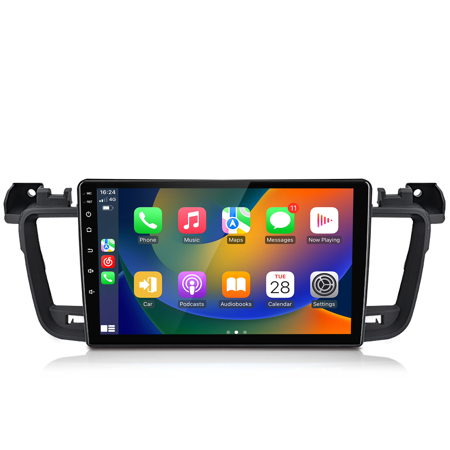 Auto-Multimedia-System. Der Bildschirm zeigt App-Symbole an: Telefon, Musik, Karten, Nachrichten und mehr. Schwarzer Rahmen umgibt den Bildschirm.
