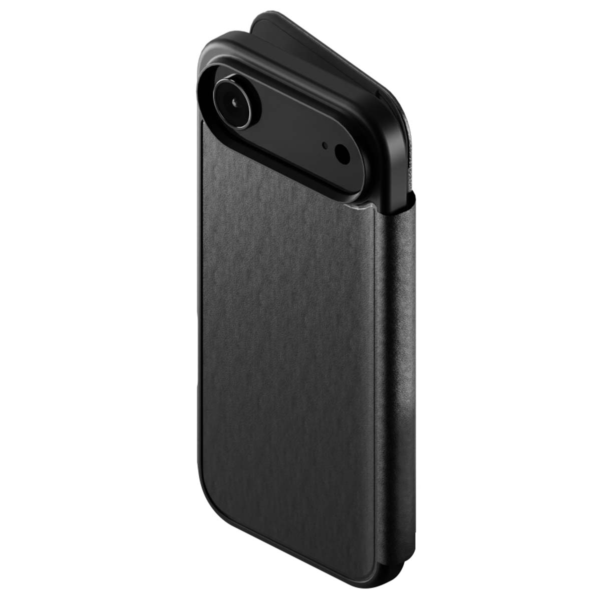 Viene mostrata una custodia nera per telefono con un ritaglio per la fotocamera. Ha una consistenza simile alla pelle e una parte superiore pieghevole.