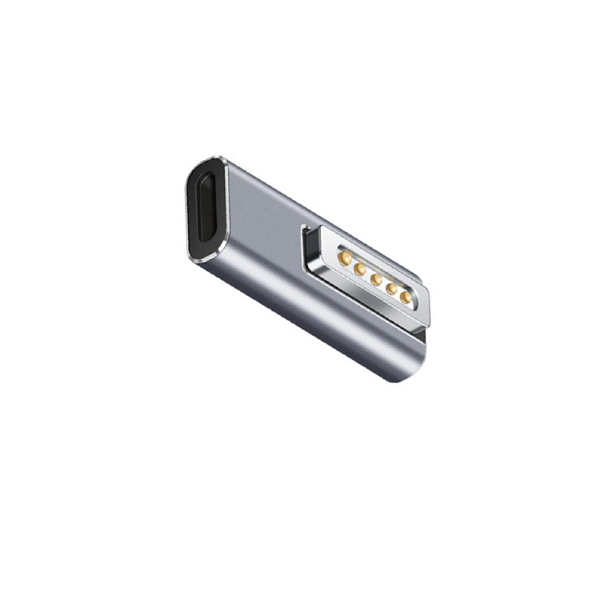 Ein silbergrauer Magnetadapter, abgewinkelt, mit einem schwarzen Anschluss an einem Ende und fünf goldenen Kontaktpunkten auf weißem Hintergrund.