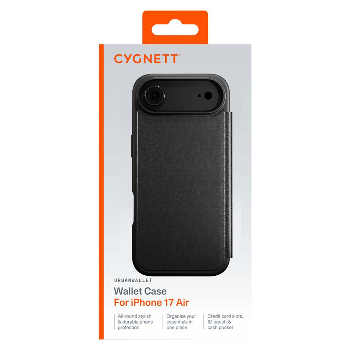 Una custodia a portafoglio nera per iPhone in una confezione grigia e arancione. La custodia è per iPhone 17 Air. La confezione riporta il marchio CYGNETT.