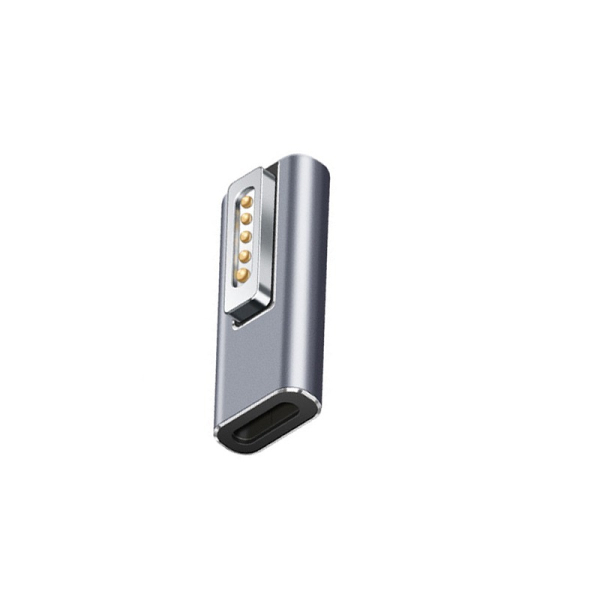 Ein silberfarbener Magnetadapter mit rechteckiger Form und einer Reihe goldfarbener Stifte, auf weißem Hintergrund.