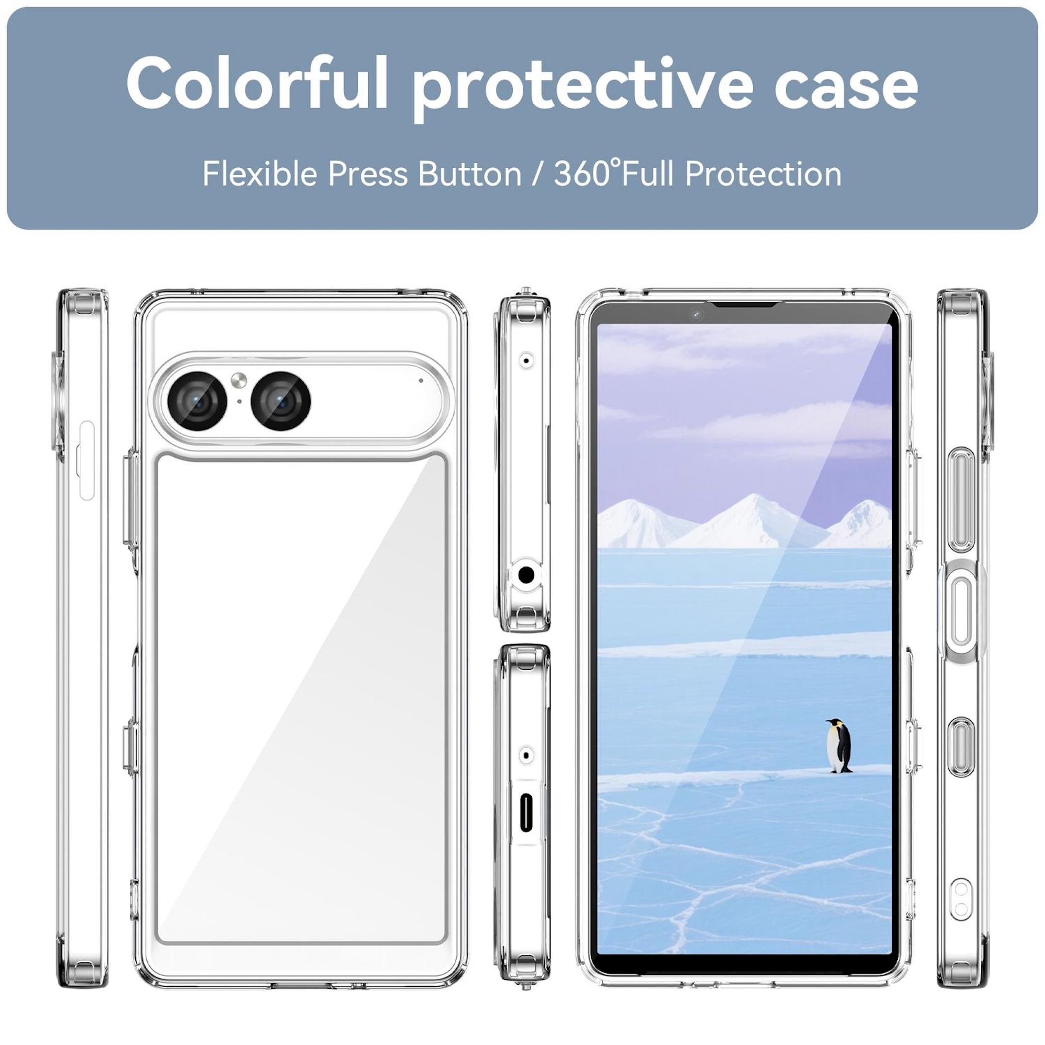 Transparente Handyhülle. Zeigt das Telefon im Inneren mit einem Pinguin auf schneebedecktem Hintergrund.