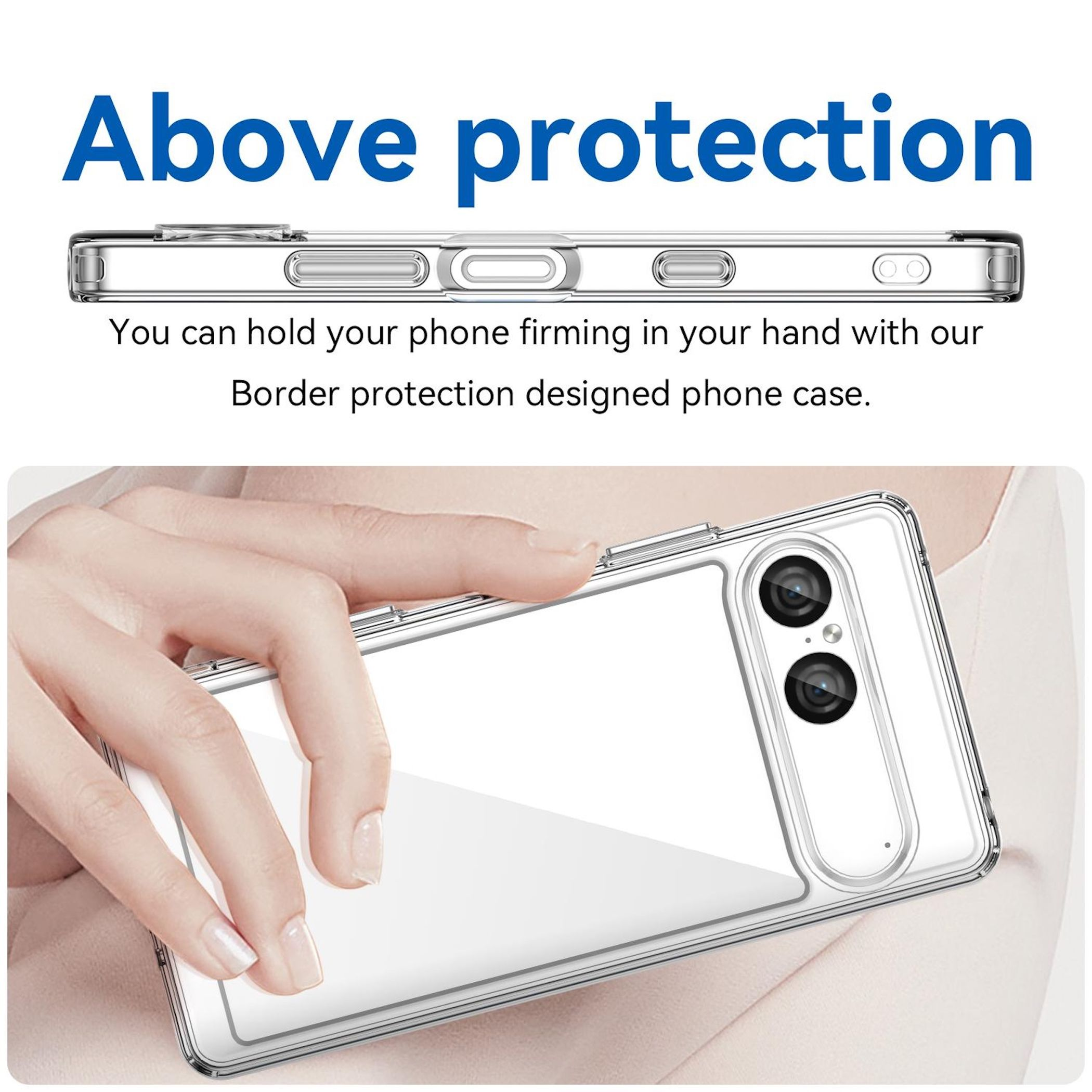 Eine transparente Handyhülle wird in einer Hand gehalten. Der Text oben lautet 'Above protection'. Hülle schützt das Telefon.