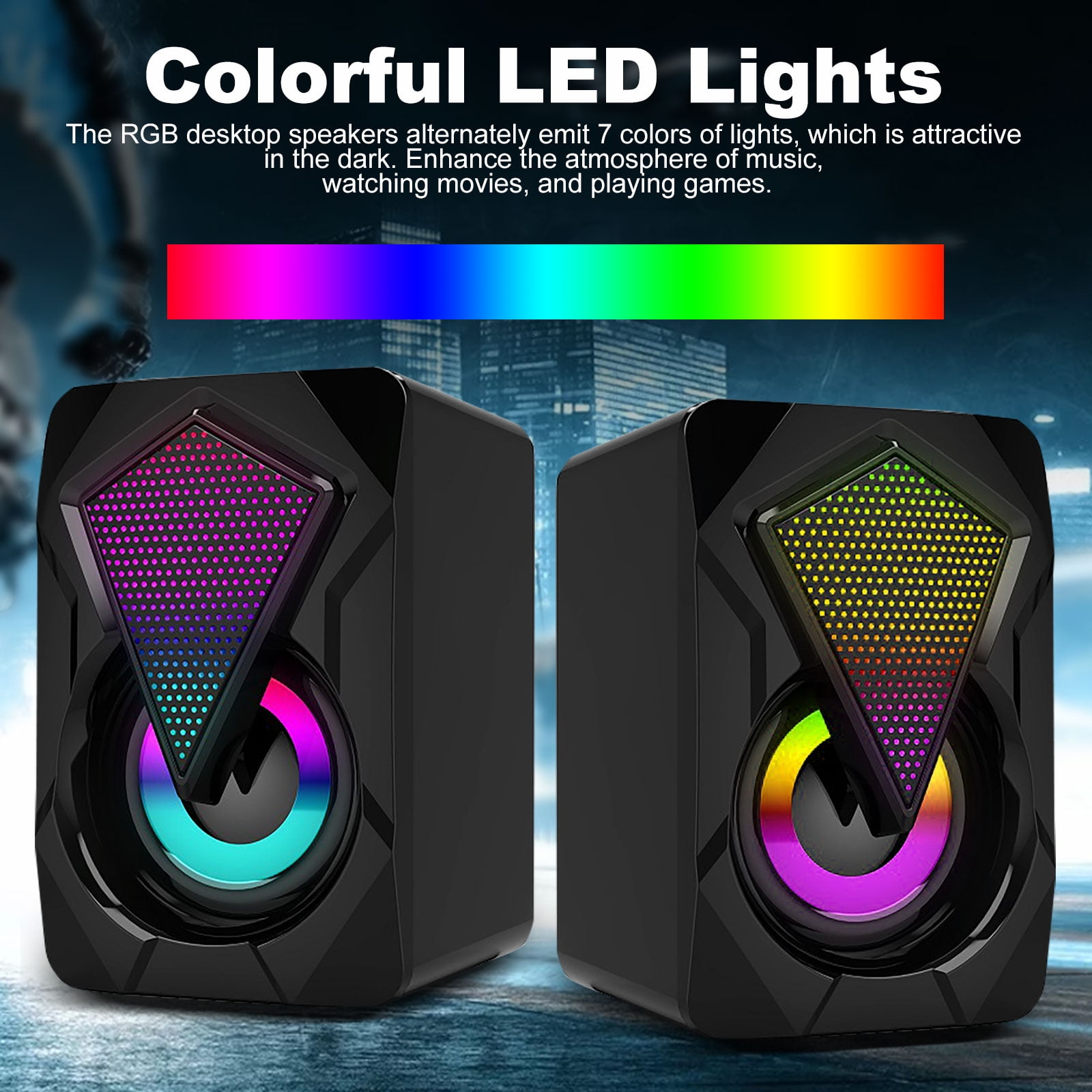 Zwei schwarze Lautsprecher mit bunten LED-Leuchten. Die Lichter erzeugen einen Regenbogeneffekt.