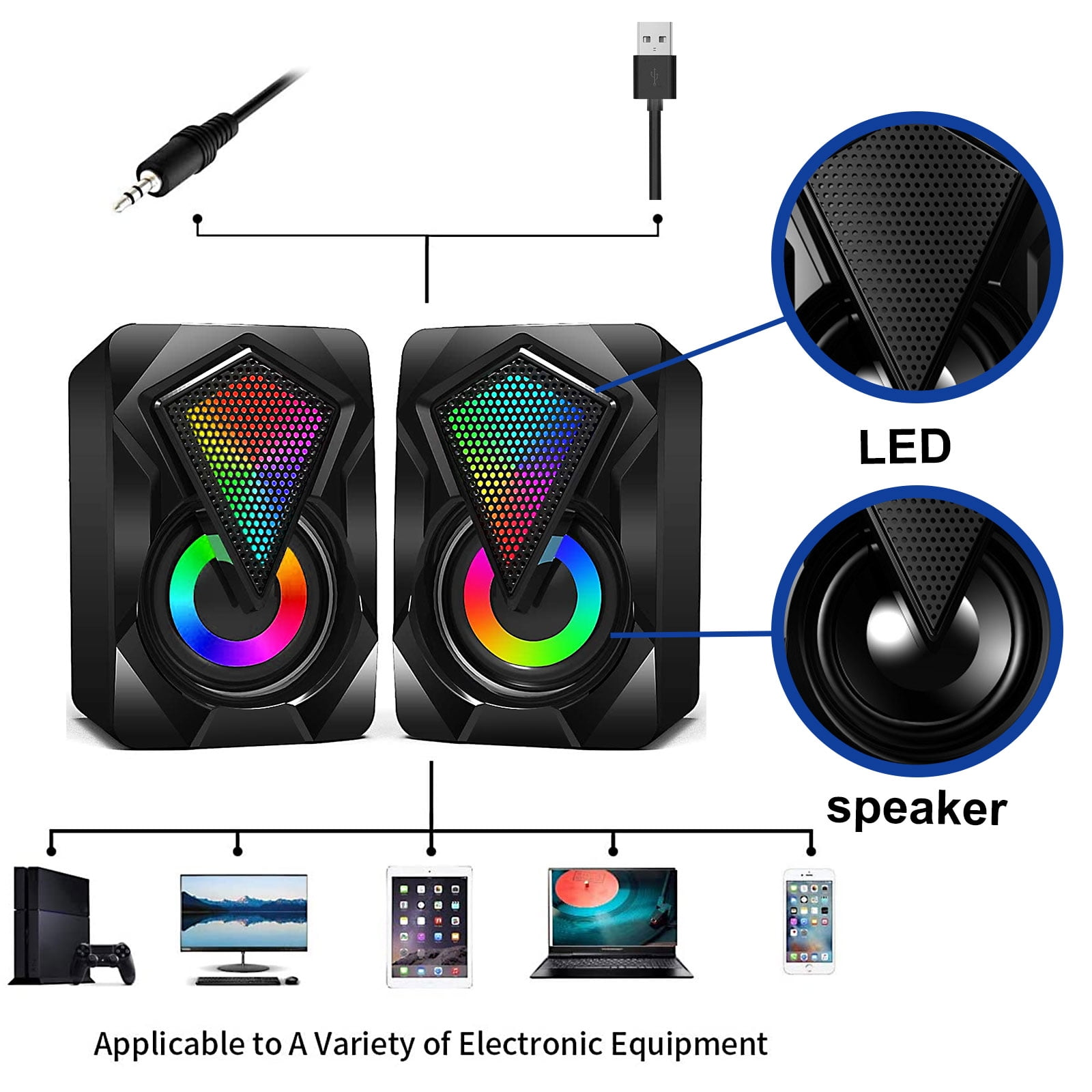 Das Bild zeigt zwei schwarze Lautsprecher mit LED-Leuchten, USB- und Audioanschlüssen sowie verschiedene elektronische Geräte.