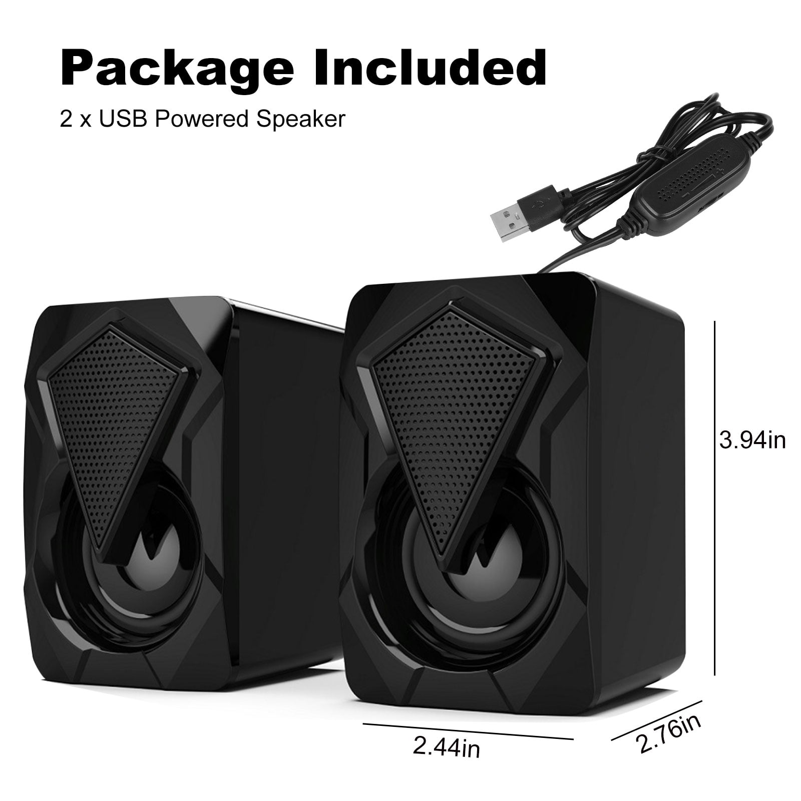 Zwei schwarze USB-Lautsprecher. Inklusive USB-Kabel. Abmessungen sind angegeben. Text oben: Lieferumfang, 2x USB-Lautsprecher.