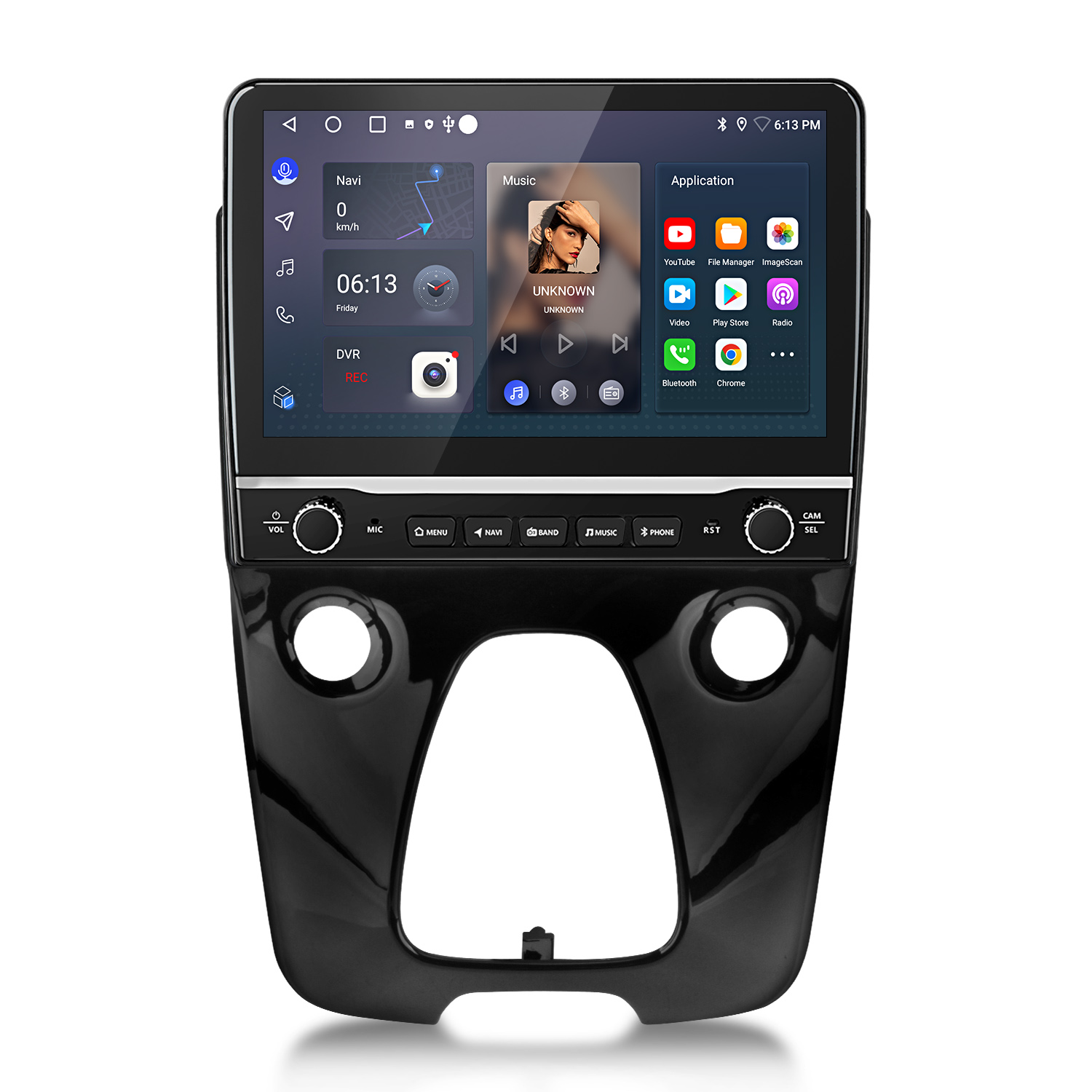Auto-Multimedia-System. Touchscreen mit Navigation, Musik und Apps. Schwarzer Rahmen mit Bedienknöpfen und -rädern.
