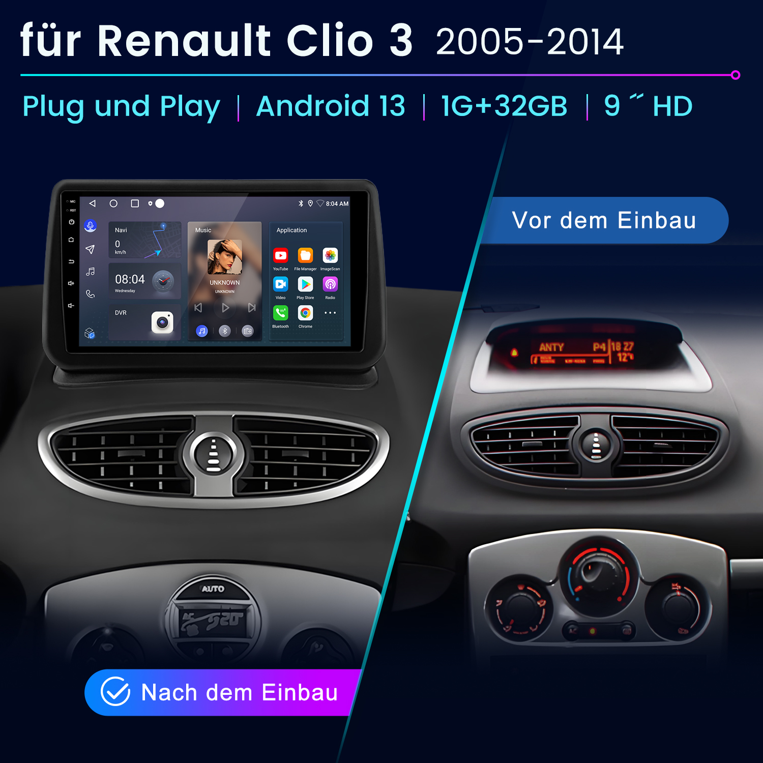 Autotafel mit Vorher-Nachher-Installation eines neuen Android 13-Bildschirms mit Apps und Fahrzeugbedienung.