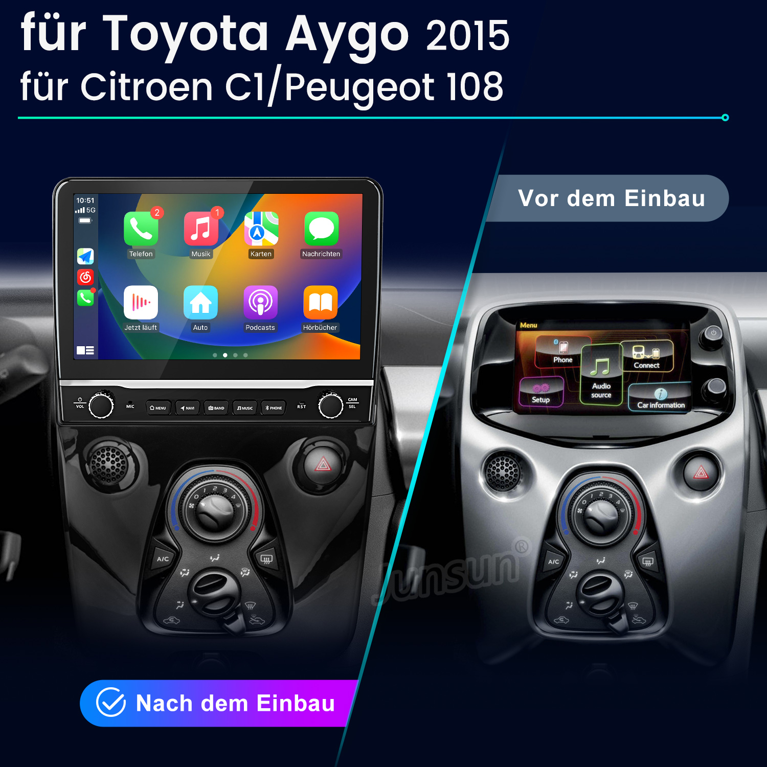 Das Bild zeigt das Armaturenbrett des Autos vor und nach der Installation eines neuen Bildschirms. Der neue Bildschirm zeigt Apps und steuert die Funktionen des Autos.