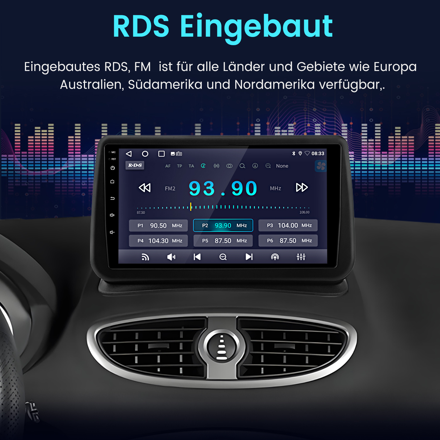 Autoradio-Bildschirm mit FM-Radio-Informationen. Zeigt die Frequenz 93,90 MHz. Der Bildschirm ist im Armaturenbrett montiert.