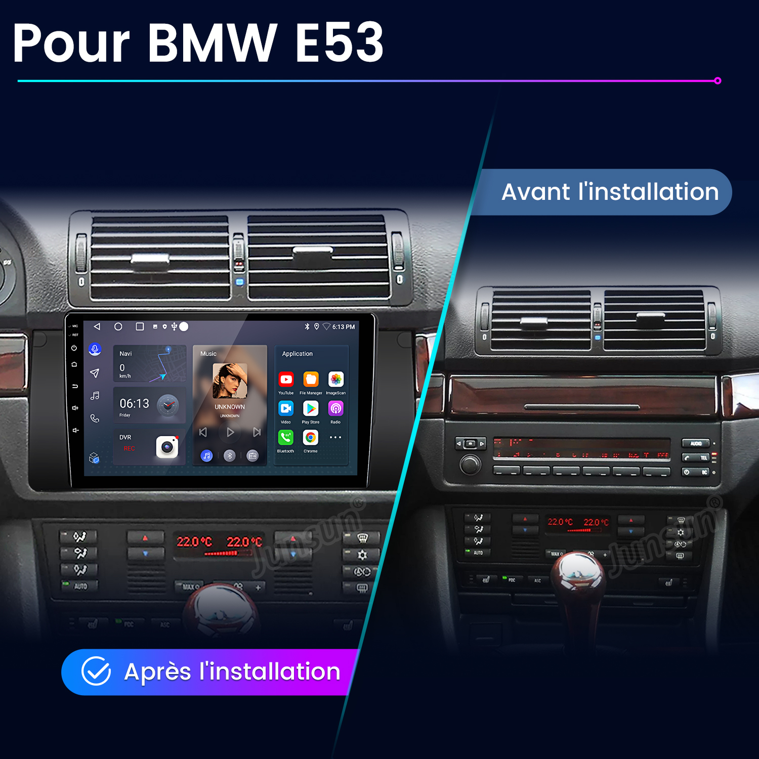 Vergleich Auto-Armaturenbrett: altes Radio vs. neues Multimediasystem. Zeigt Bildschirm mit Apps, Temperaturreglern und Fahrzeugdaten.