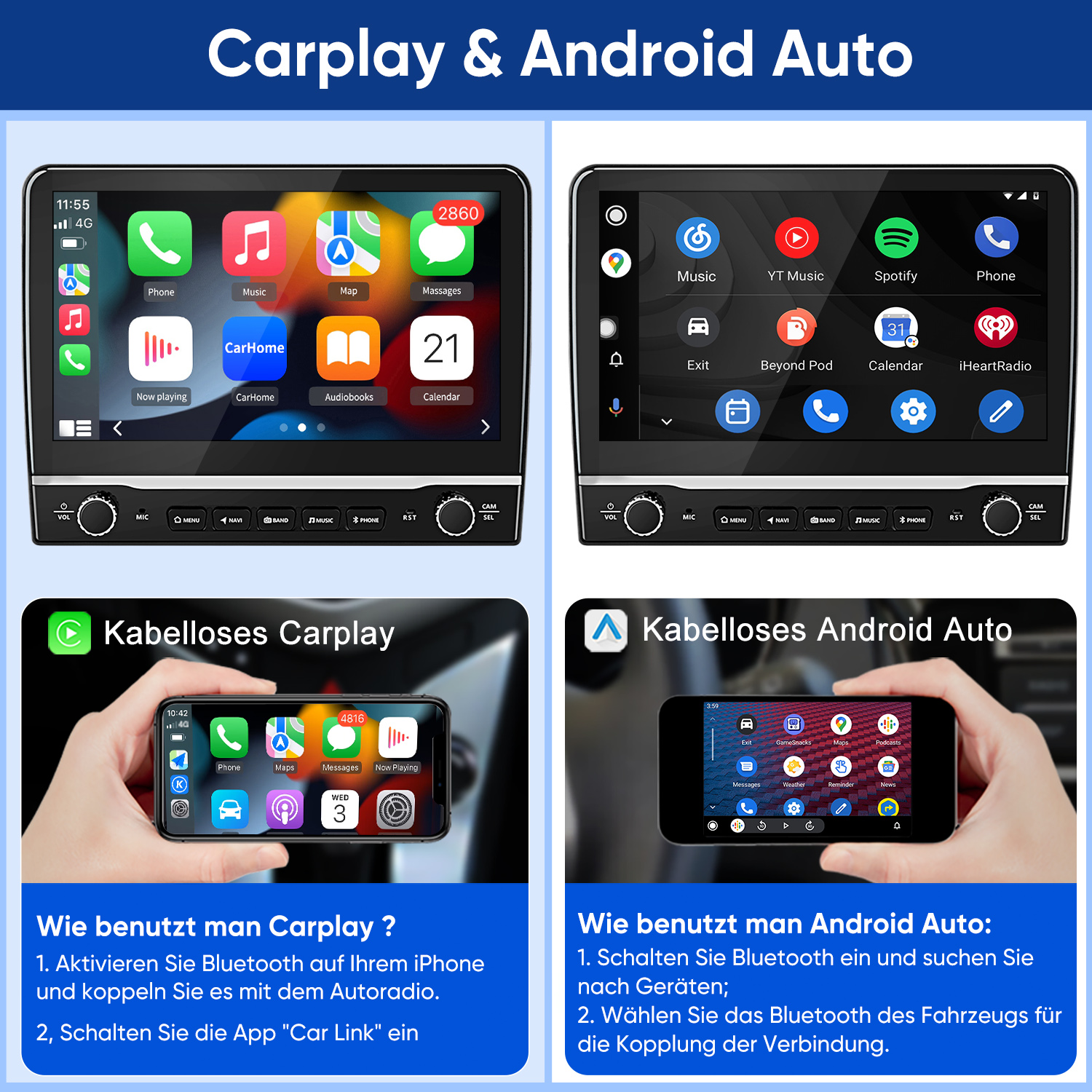 Das Bild zeigt CarPlay- und Android Auto-Oberflächen auf Auto-Bildschirmen und Telefonen. Anweisungen werden unter jedem angezeigt.