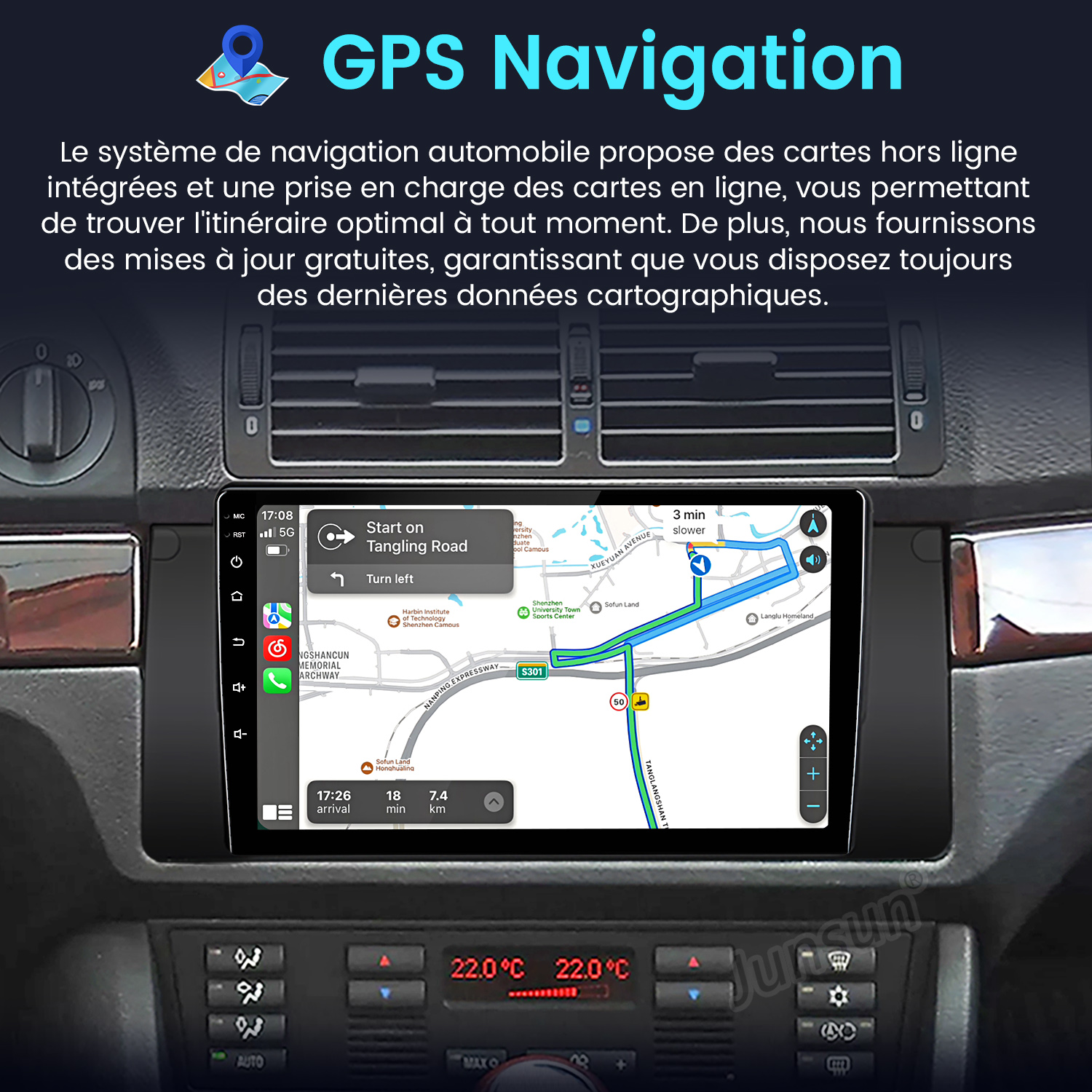 Autonavigationssystem-Bildschirm mit Karte, Routenführung und Temperaturanzeige.