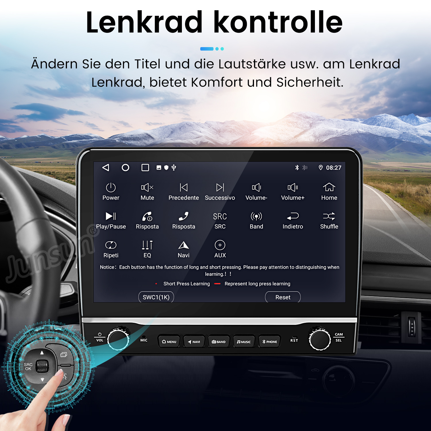 Autoradiobildschirm mit Knöpfen. Eine Hand zeigt auf eine Lenkradtaste. Text sagt 'Lenkrad kontrolle'.