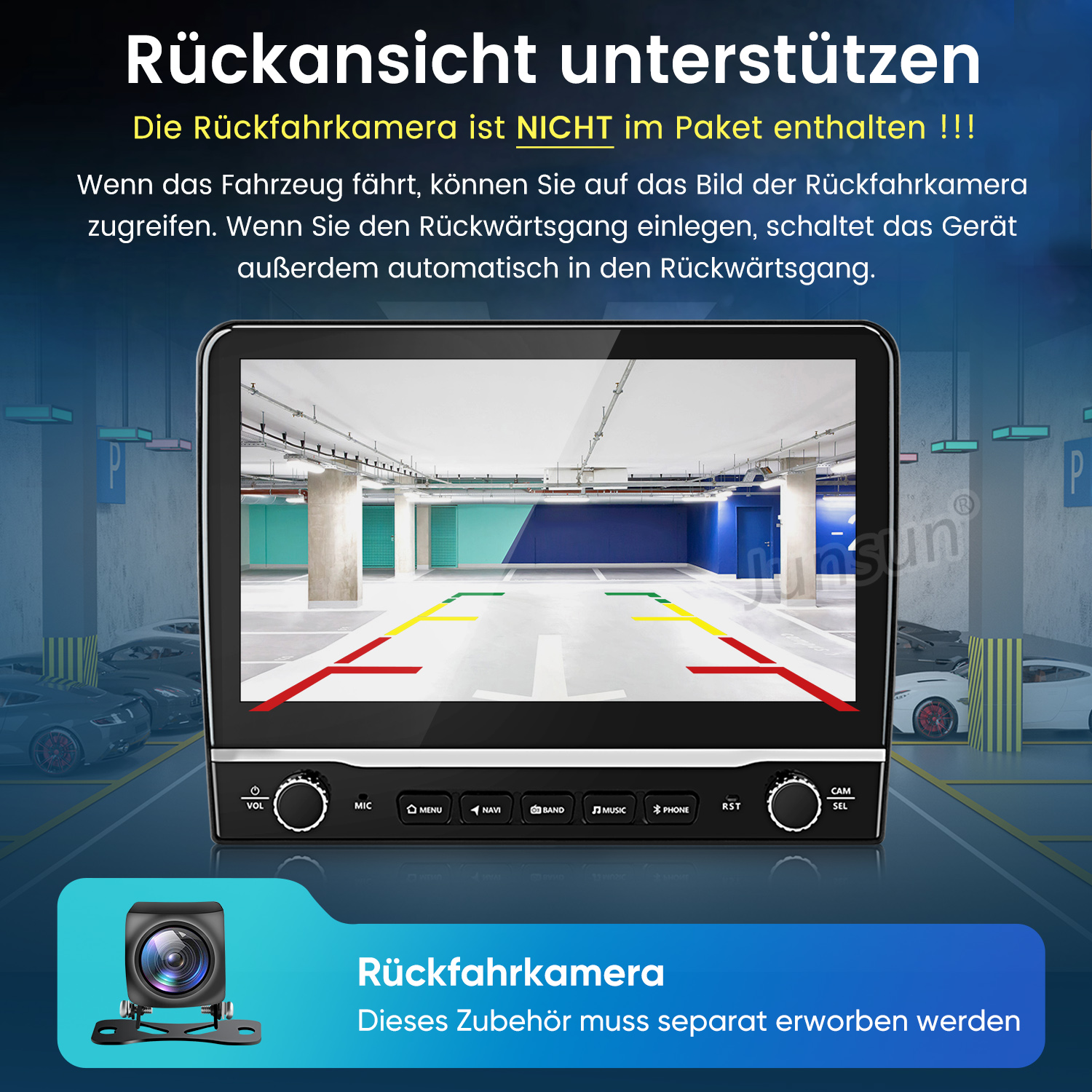Der Bildschirm der Rückfahrkamera eines Autos zeigt eine Parkhausansicht. Unten ist eine Kamera abgebildet. Text erklärt, dass Kamera nicht enthalten ist.