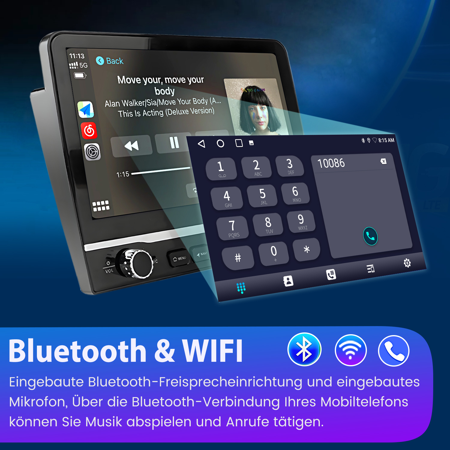 Autoradio-Bildschirm mit Musik und Wählgerät. Bluetooth- und WLAN-Symbole werden unten angezeigt. Text: Bluetooth & WIFI.