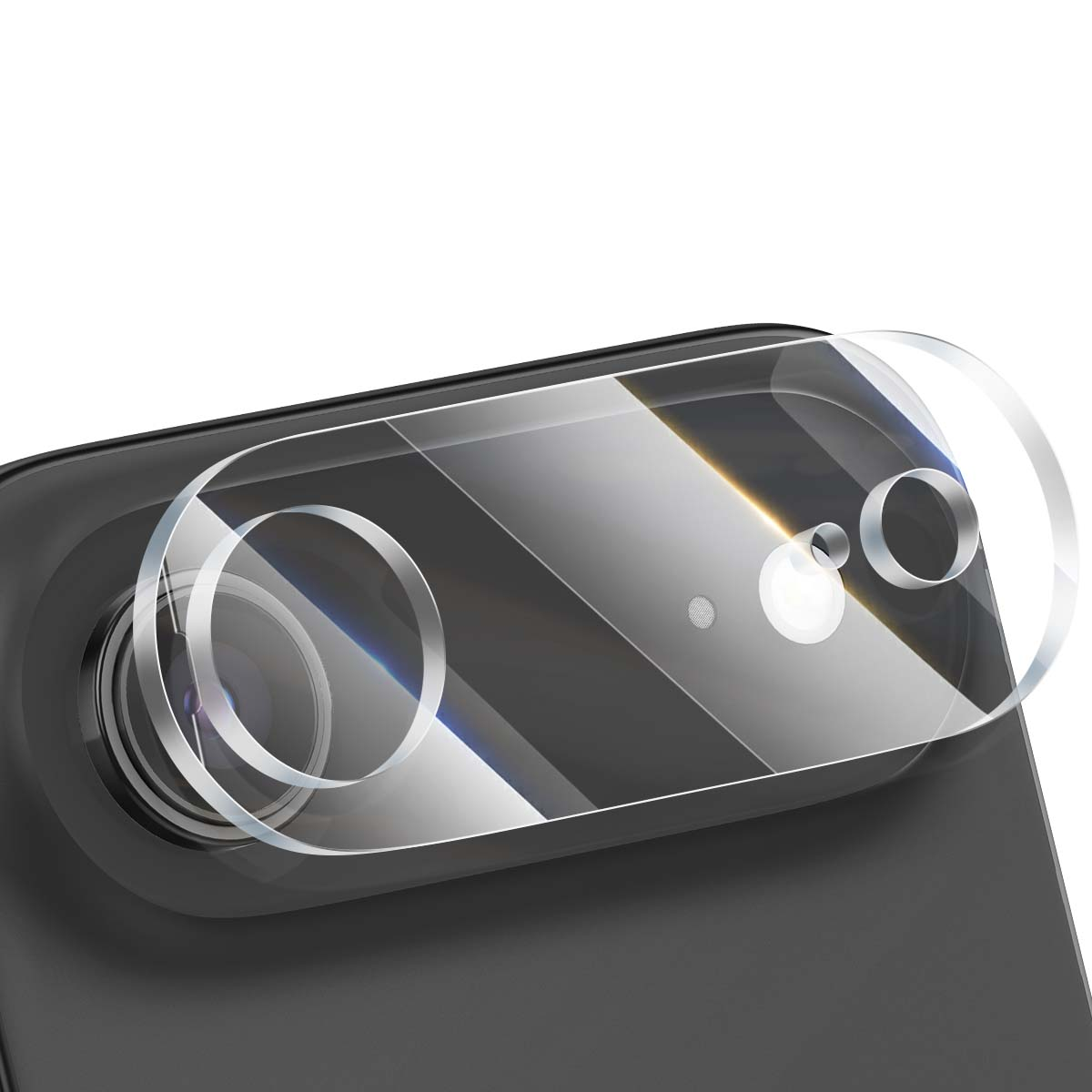 Nahaufnahme der Kameralinse eines Telefons mit einer transparenten Schutzhülle. Das Telefon ist schwarz, die Hülle ist klar.