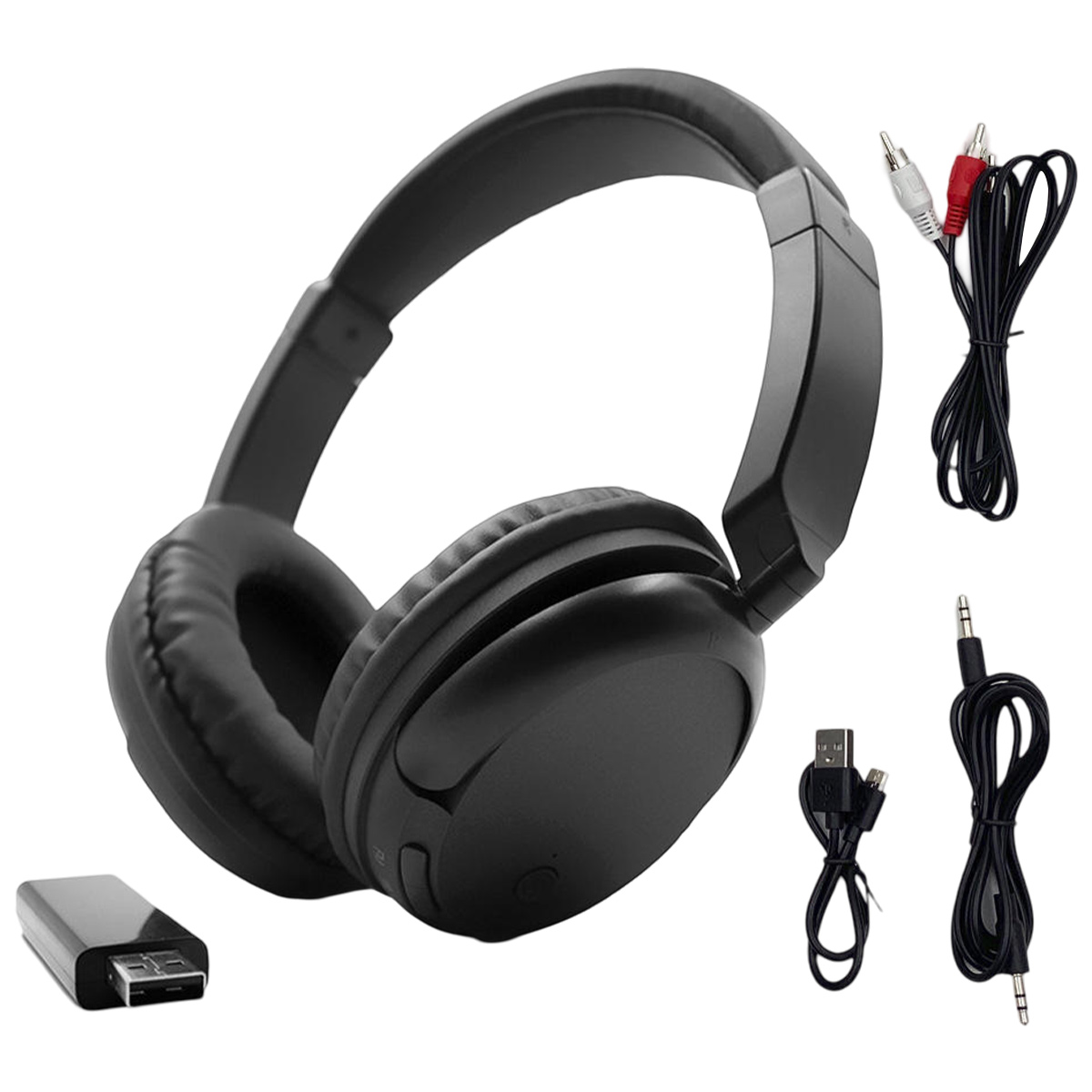 Schwarze Kopfhörer mit Ohrmuscheln, Kabeln und einem USB-Empfänger. Kabel umfassen Aux- und Cinch-Anschlüsse, alles auf weißem Hintergrund.