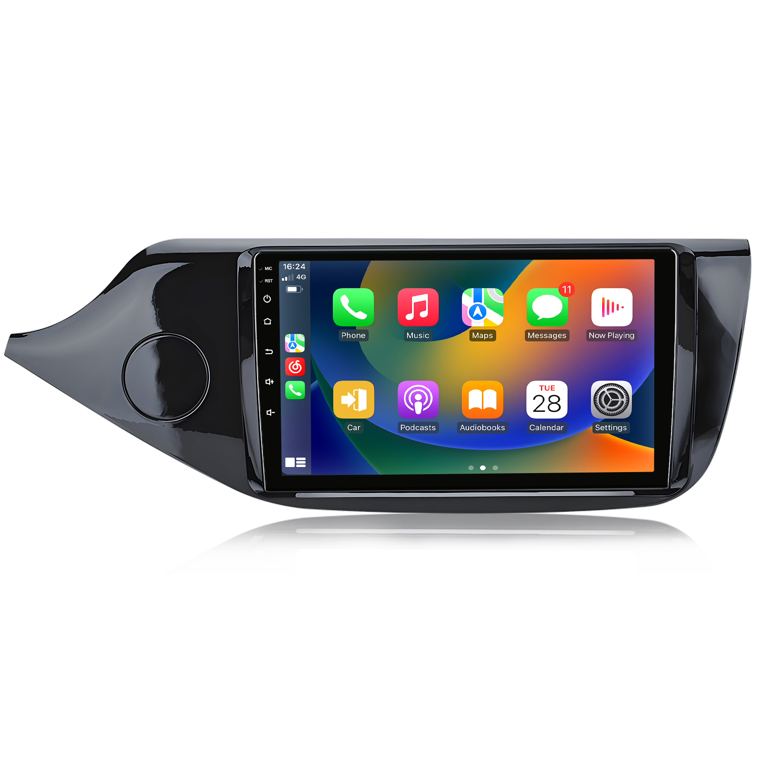 Ein Auto-Multimedia-System. Der Bildschirm zeigt App-Symbole wie Telefon, Musik, Karten und Einstellungen. Der Rahmen ist schwarz und glänzend.
