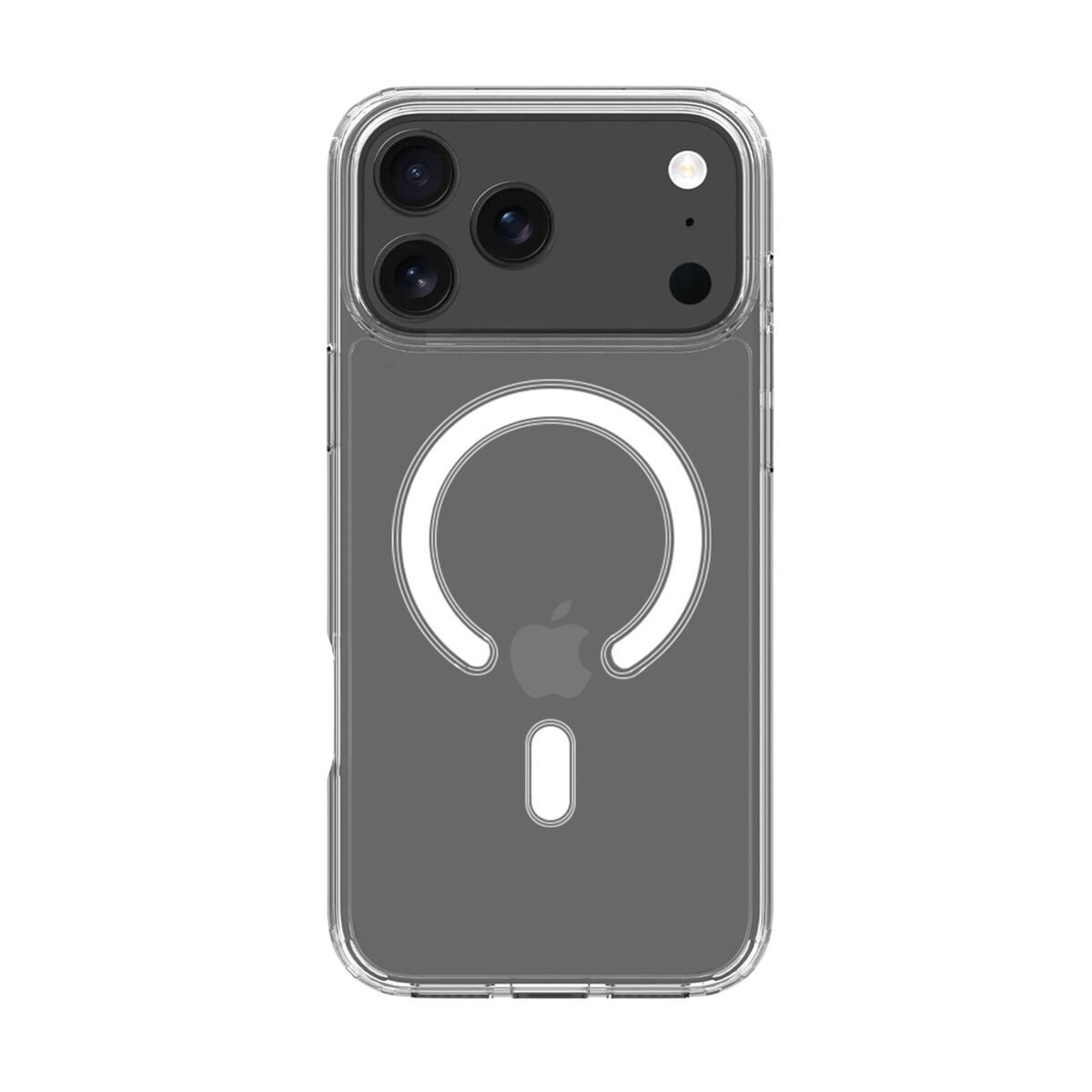 Transparente Handyhülle mit weißer C-Form und Apple-Logo. Die Hülle umgibt ein Telefon mit Kameras.