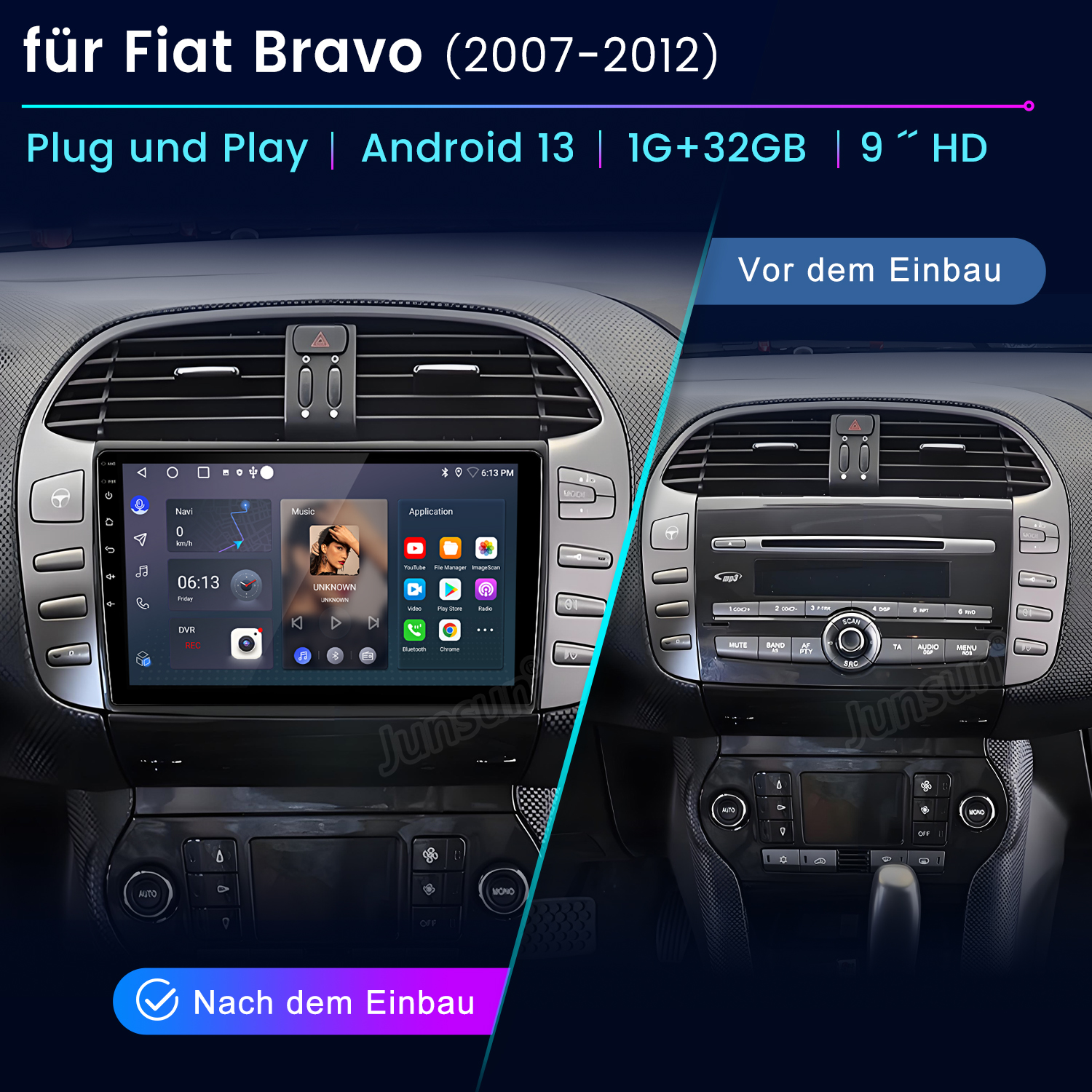 Armaturenbrett des Autos mit Navigationsbildschirm und Vorher-/Nachher-Vergleich.