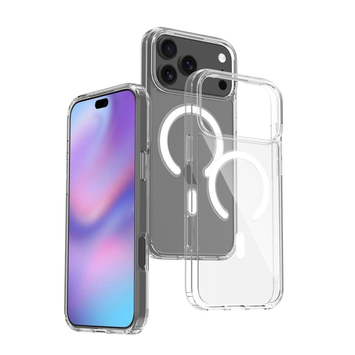 Drei transparente Handyhüllen, jede hält ein Telefon. Die Bildschirme zeigen einen lila-blauen Farbverlauf. Die Hüllen sind durchsichtig.