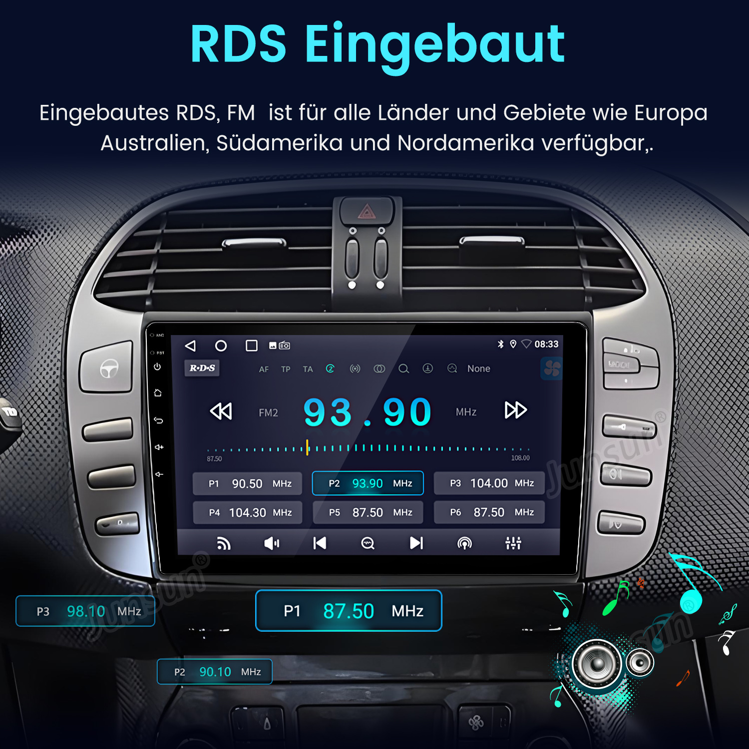 Autoradio-Bildschirm mit FM-Radio-Infos. Zeigt die Frequenz 93,90 MHz. Tasten und Bedienelemente sind um den Bildschirm sichtbar.