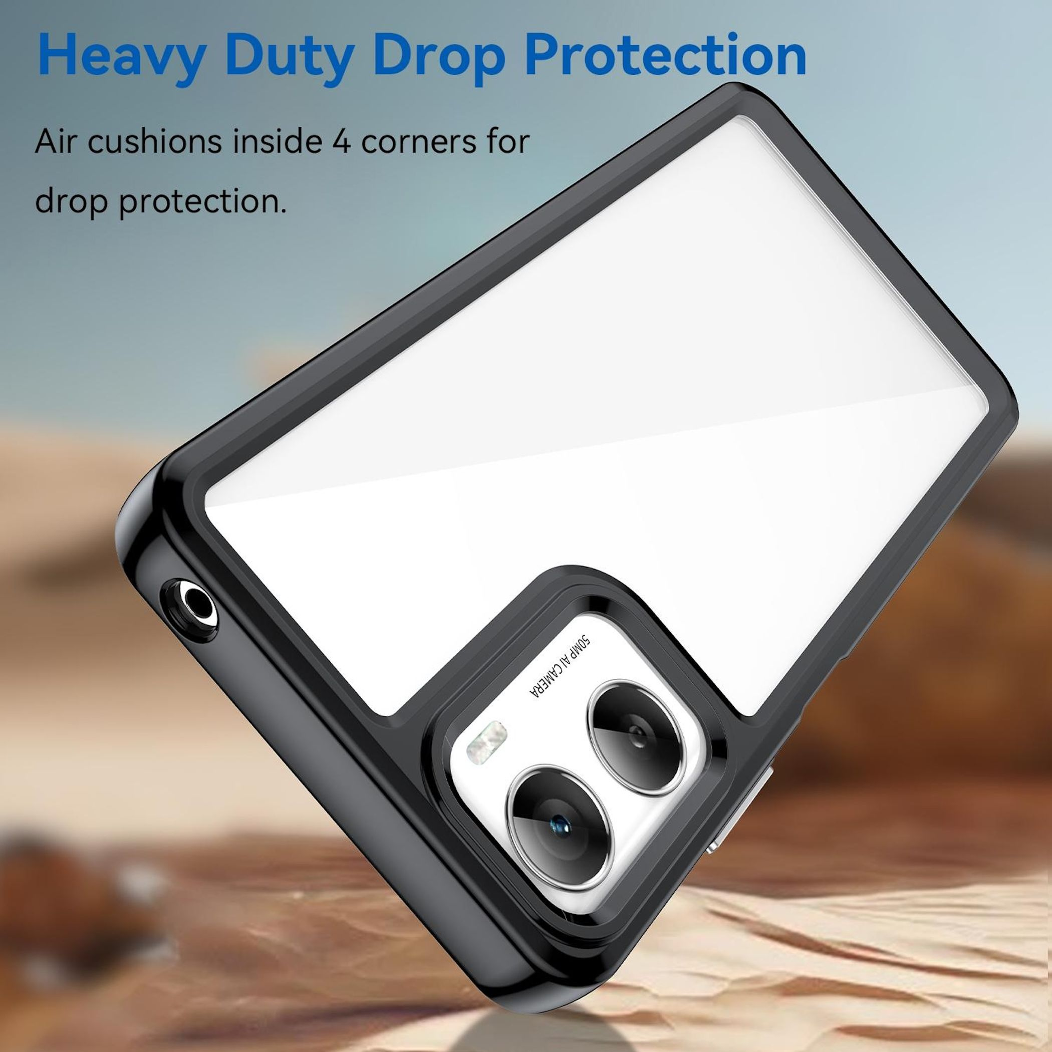 Eine Handyhülle mit schwarzem Rahmen und klarer Mitte. Text: 'Heavy Duty Drop Protection'.