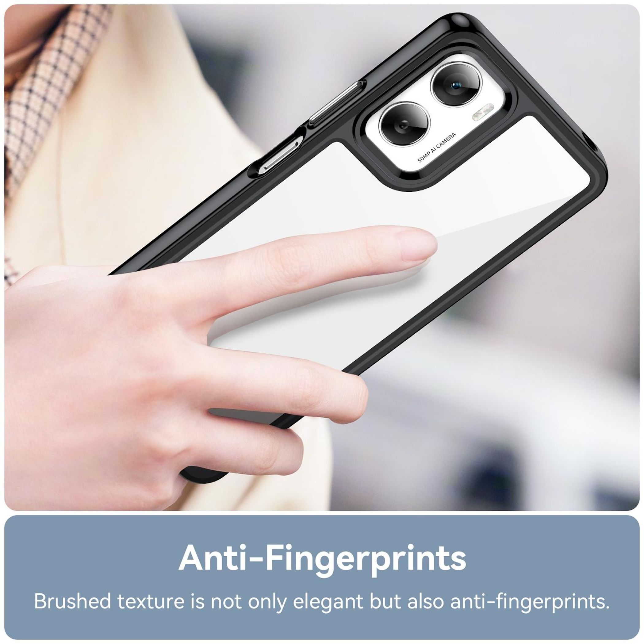 Eine Hand hält eine Handyhülle. Die Hülle hat einen schwarzen Rahmen und eine transparente Rückseite. Text: Anti-Fingerprints.