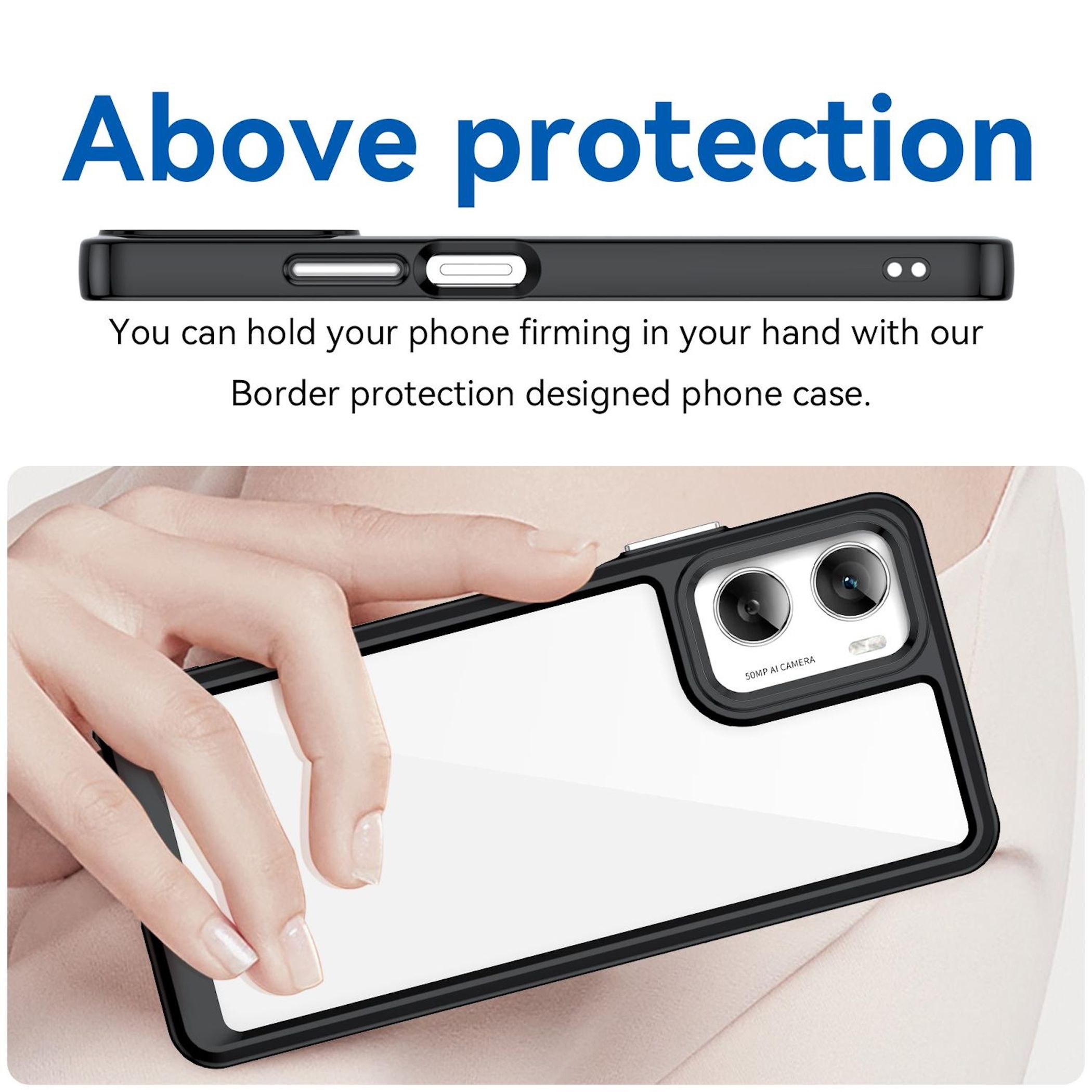Eine Hand, die ein Telefon in einer Schutzhülle hält. Der Text oben lautet 'Above protection'.