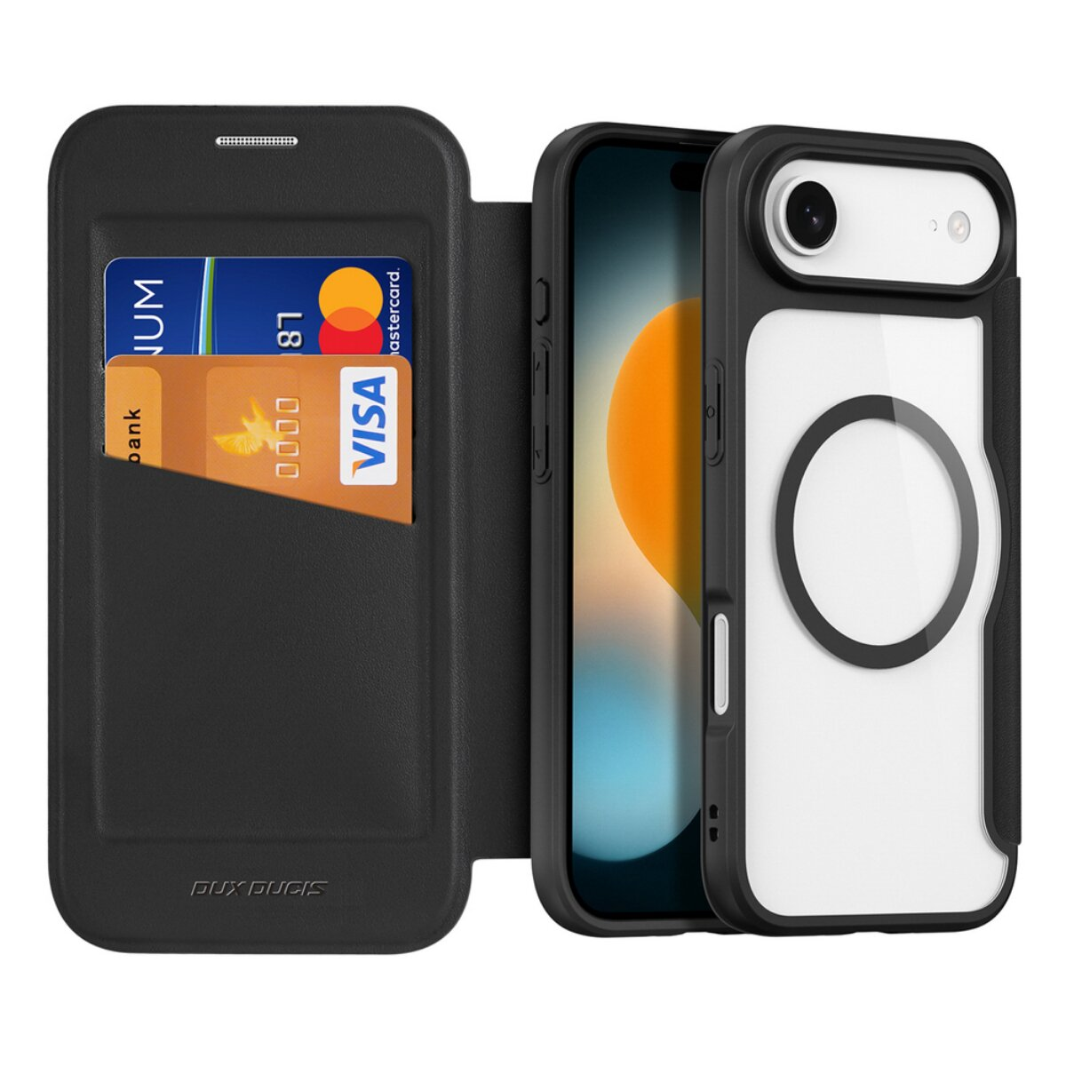 Schwarze Handyhülle mit Kartenfach. Karten sichtbar. Telefon innen. Weißes und schwarzes Design. Transparente Rückseite mit kreisförmigem Design.