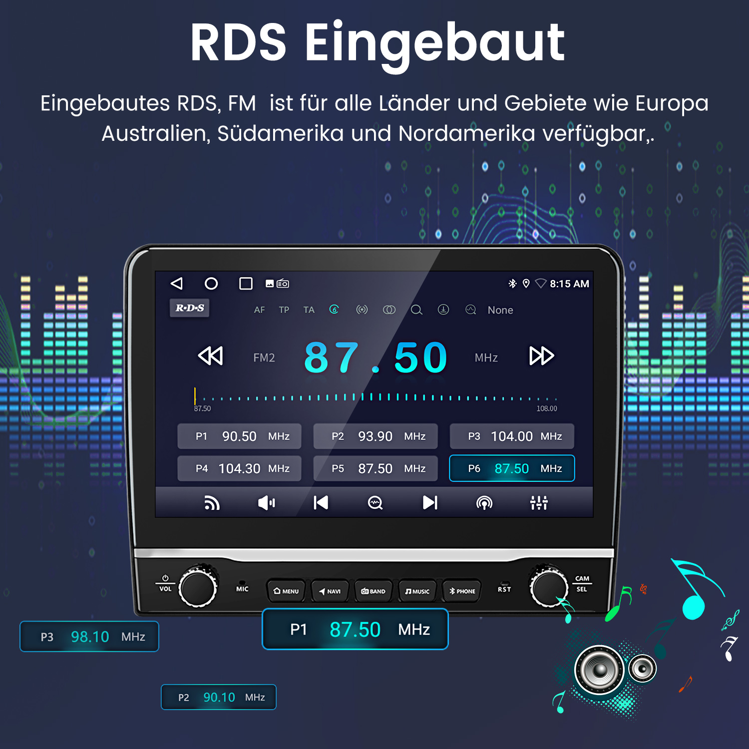 Autoradio-Bildschirm mit FM-Frequenz 87,50 MHz. Knöpfe und Regler sind sichtbar. Bunte Klangwellen-Grafiken befinden sich an den Seiten.
